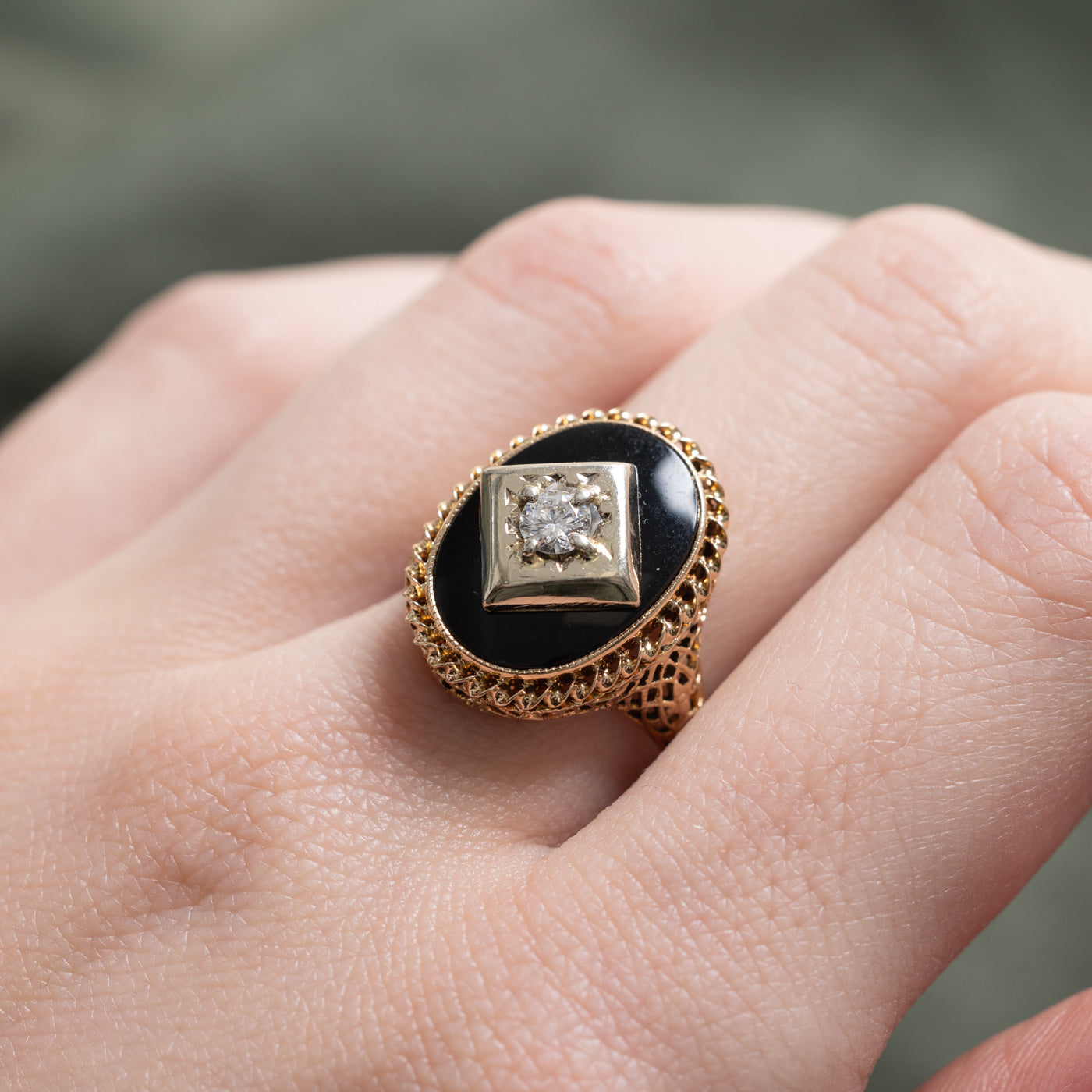 Onyx & Diamond Textured Signet Ring | 3.20ct, 0.18ct | SZ 6.0