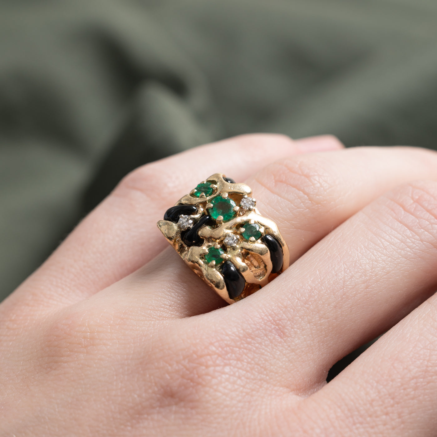Onyx, Emerald & Diamond Abstract Cocktail Ring | 1.45ctw, 0.09ctw | SZ 6.0