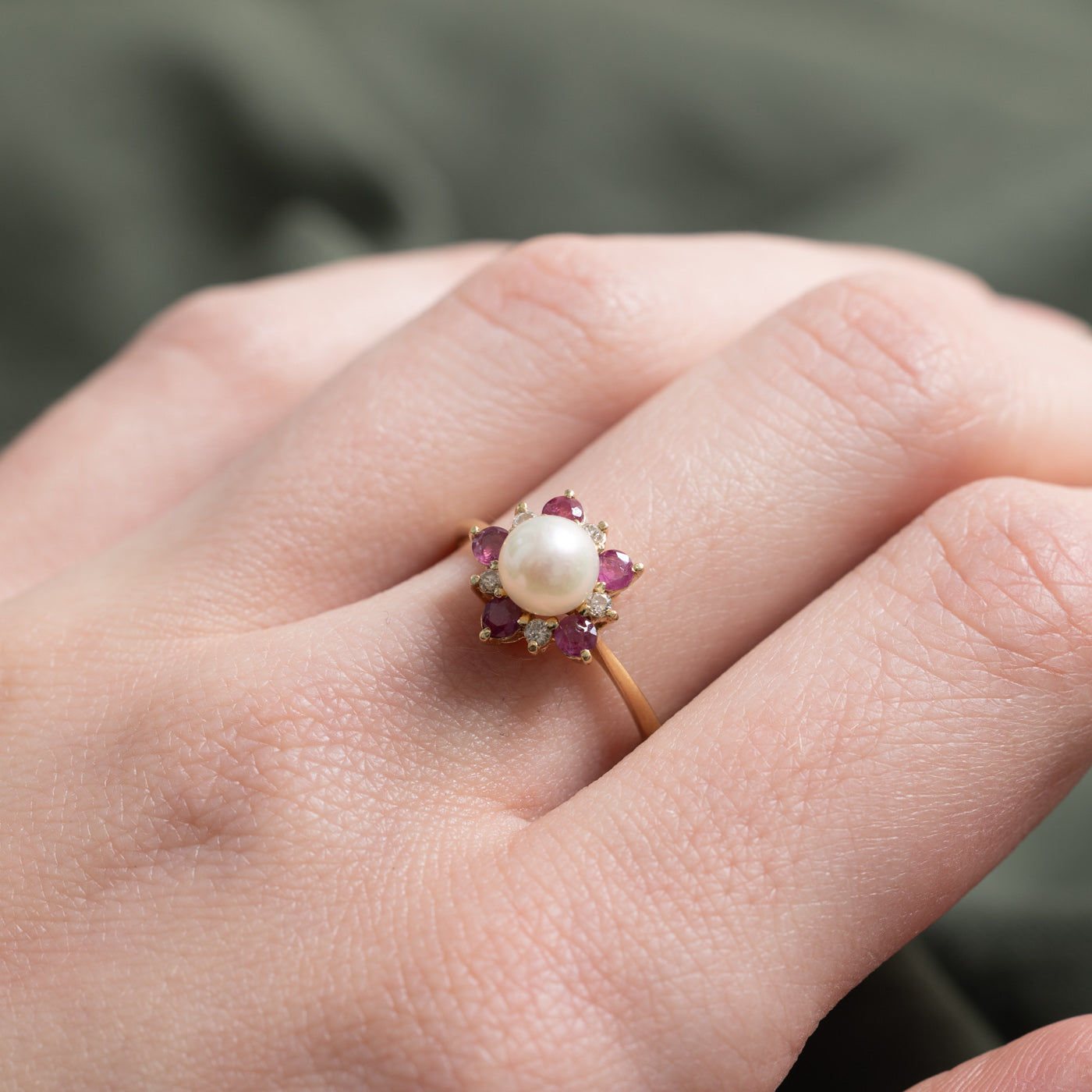 Pearl, Ruby & Diamond Floral Ring | 0.34ctw, 0.05ctw | SZ 6.5