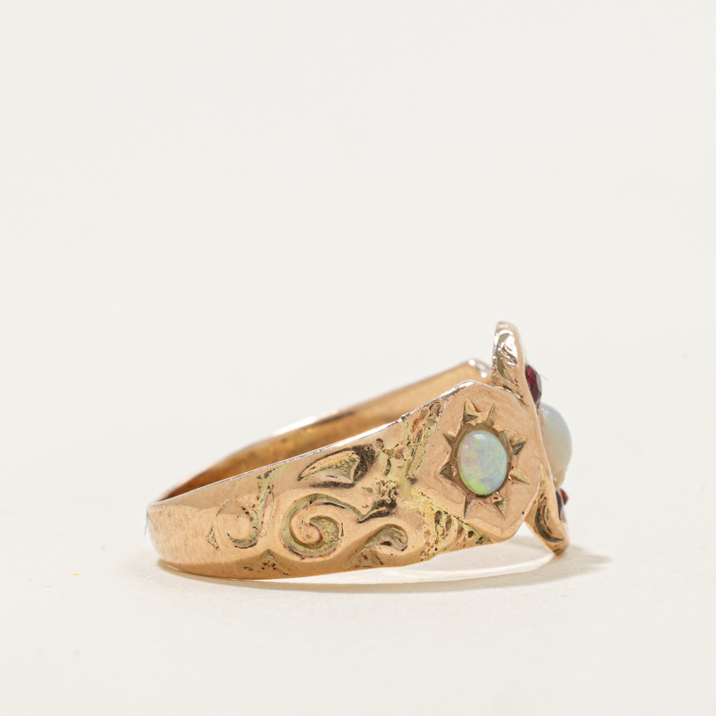 10k Opal & Garnet Victorian Style Ring | 0.25ctw, 0.06ctw | SZ 5.25
