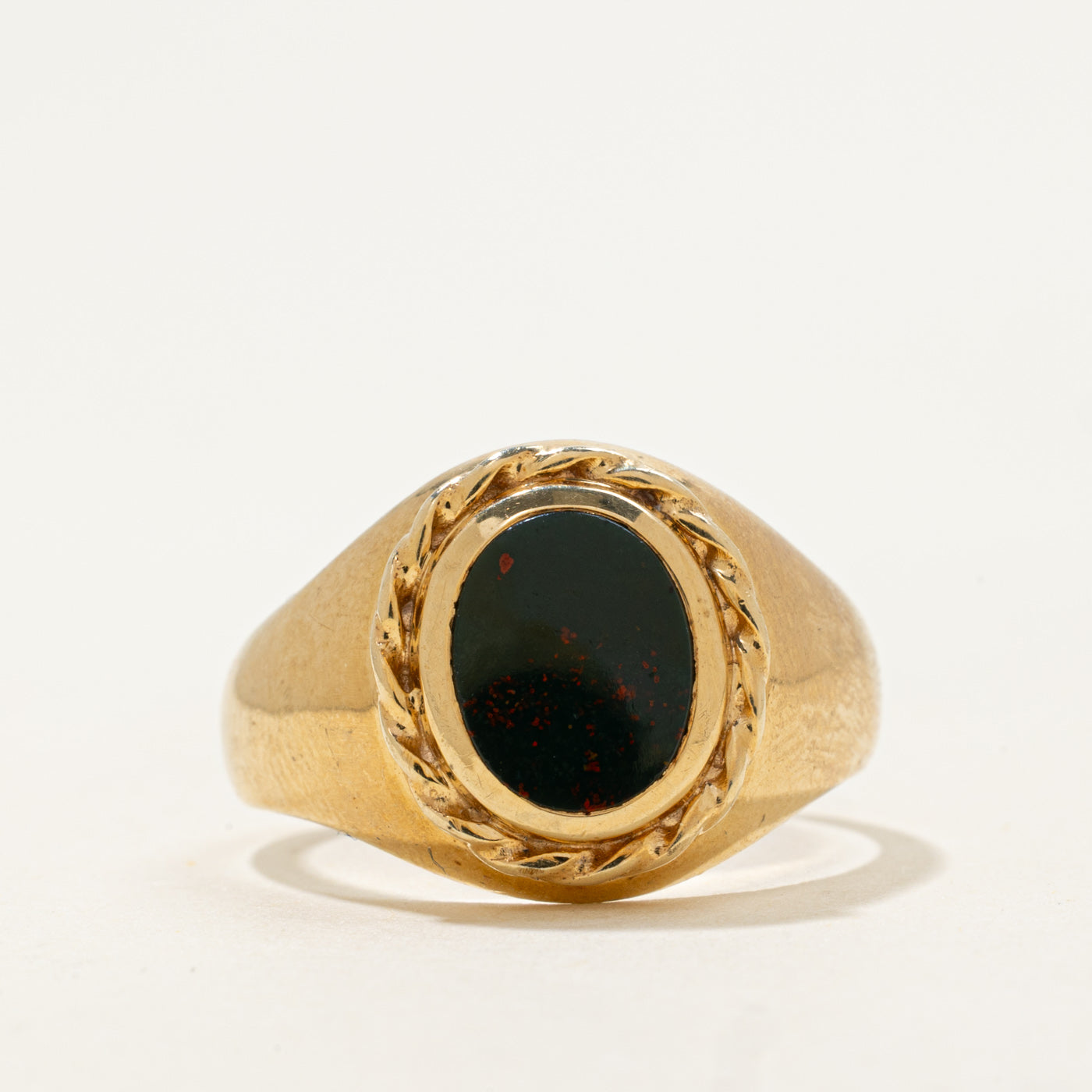 10k Oval Flat Cabochon Bloodstone Signet Ring | 1.06ct | SZ 9.75