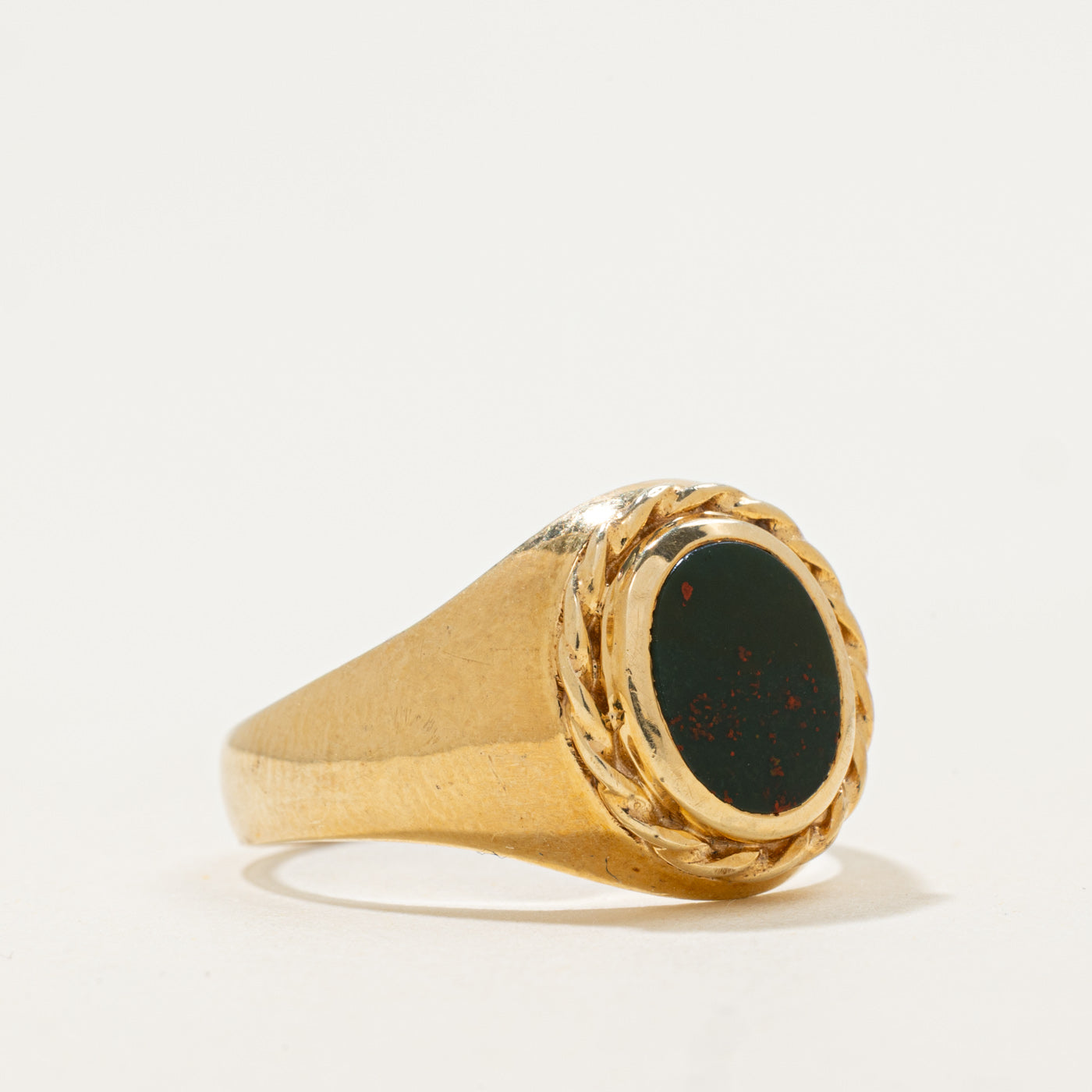 10k Oval Flat Cabochon Bloodstone Signet Ring | 1.06ct | SZ 9.75