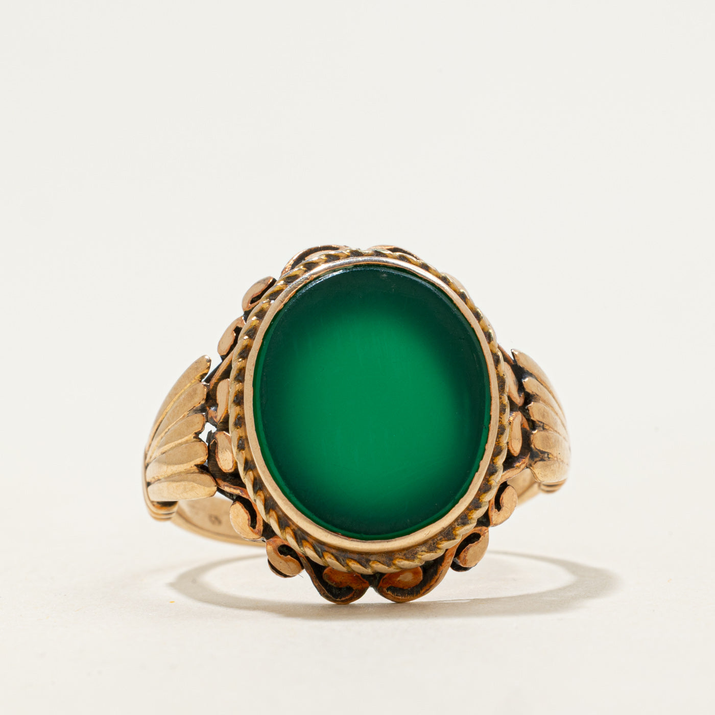 Mid Century 14k Green Agate Cabochon Ring | 5.5ct | SZ 9.75
