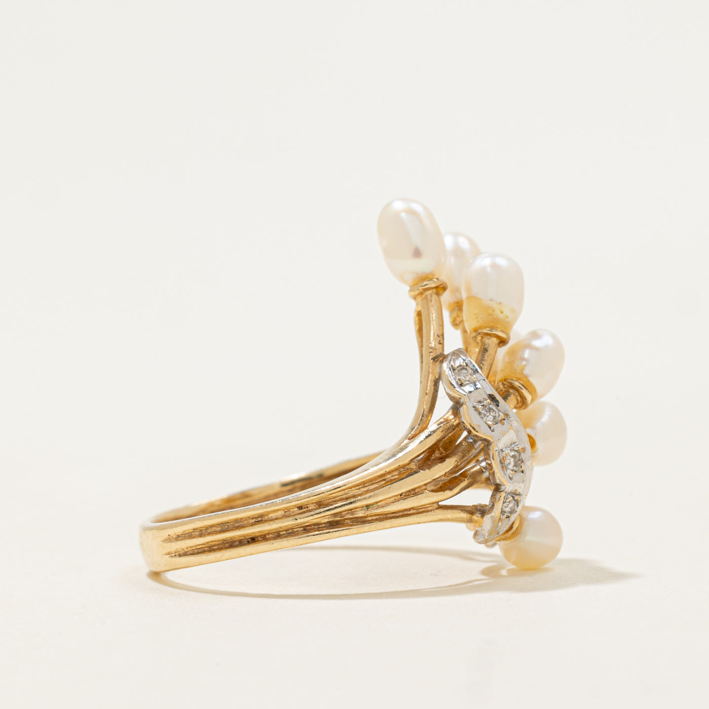 14k Pearl & Diamond Waterfall Ring | 0.04ct | SZ 6.75 |