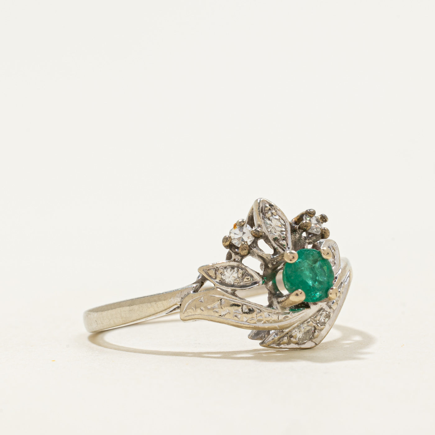 'Birks' Emerald & Diamond Floral Accented Ring | 0.25ct, 0.08ctw | SZ 7.75