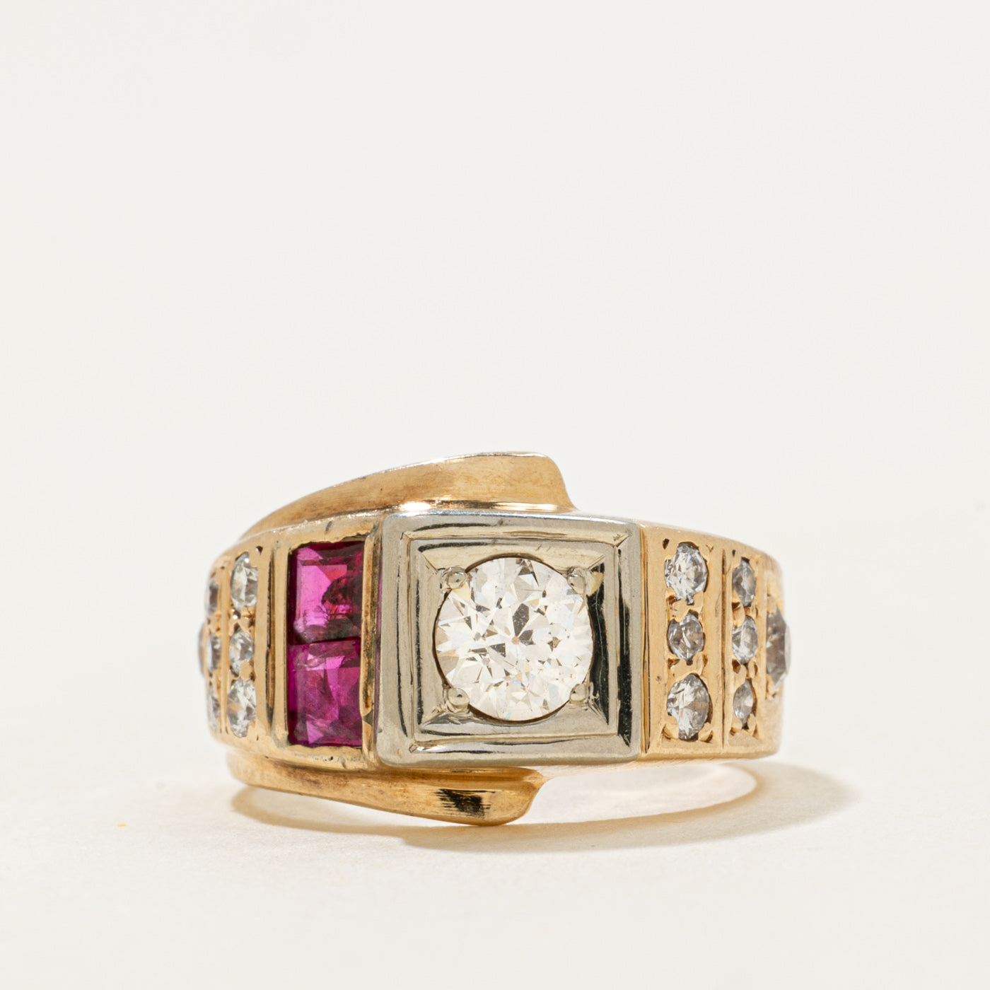 14k Old European Diamond & Ruby Crossover Ring | 0.39ct, 0.29ctw, 0.3ctw | SZ 3.5