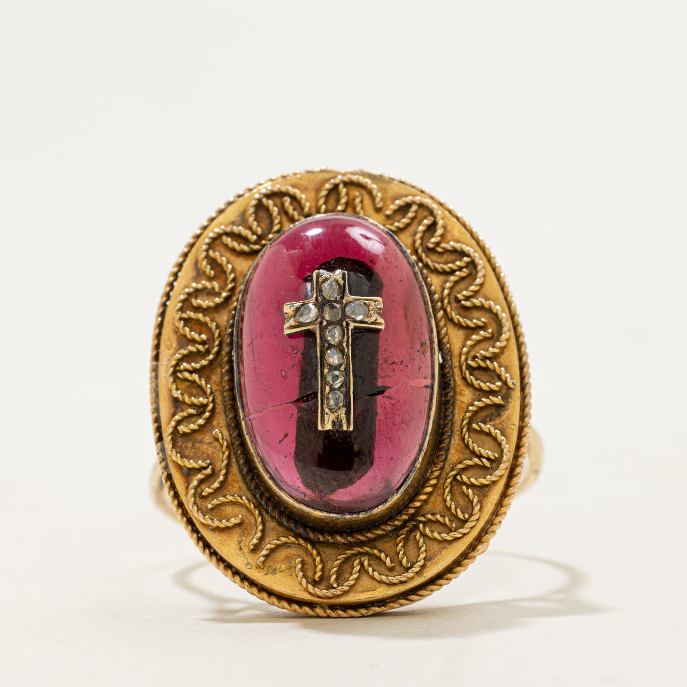 Victorian 14k Rose Cut Diamond Cross Garnet Cabochon Ring | 11ct, 0.05ctw | SZ 14