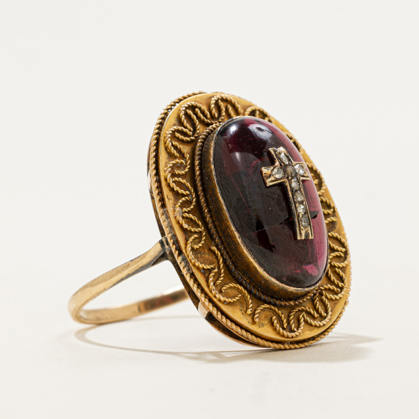 Victorian 14k Rose Cut Diamond Cross Garnet Cabochon Ring | 11ct, 0.05ctw | SZ 14