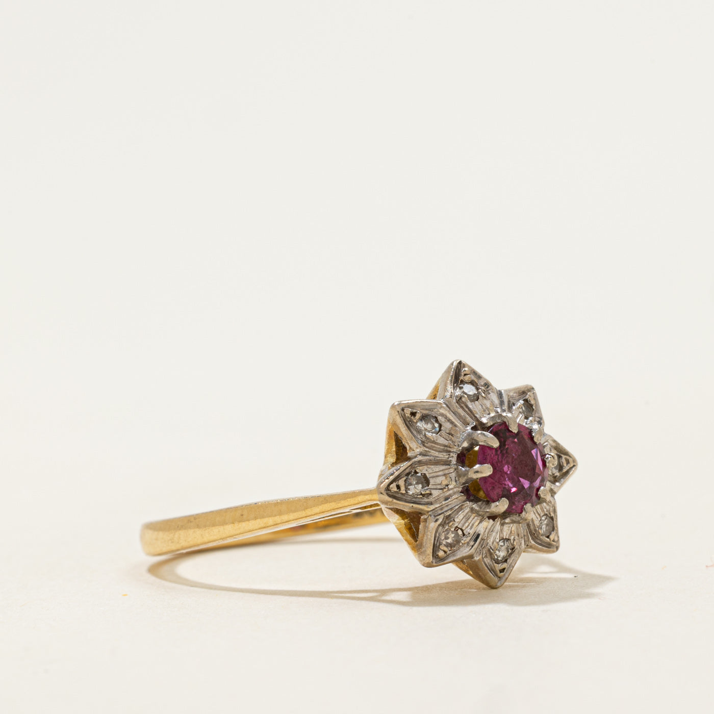 Art Deco 18k Ruby & Single Cut Diamond Star Ring | 0.41ct, 0.04ctw | SZ 6.5