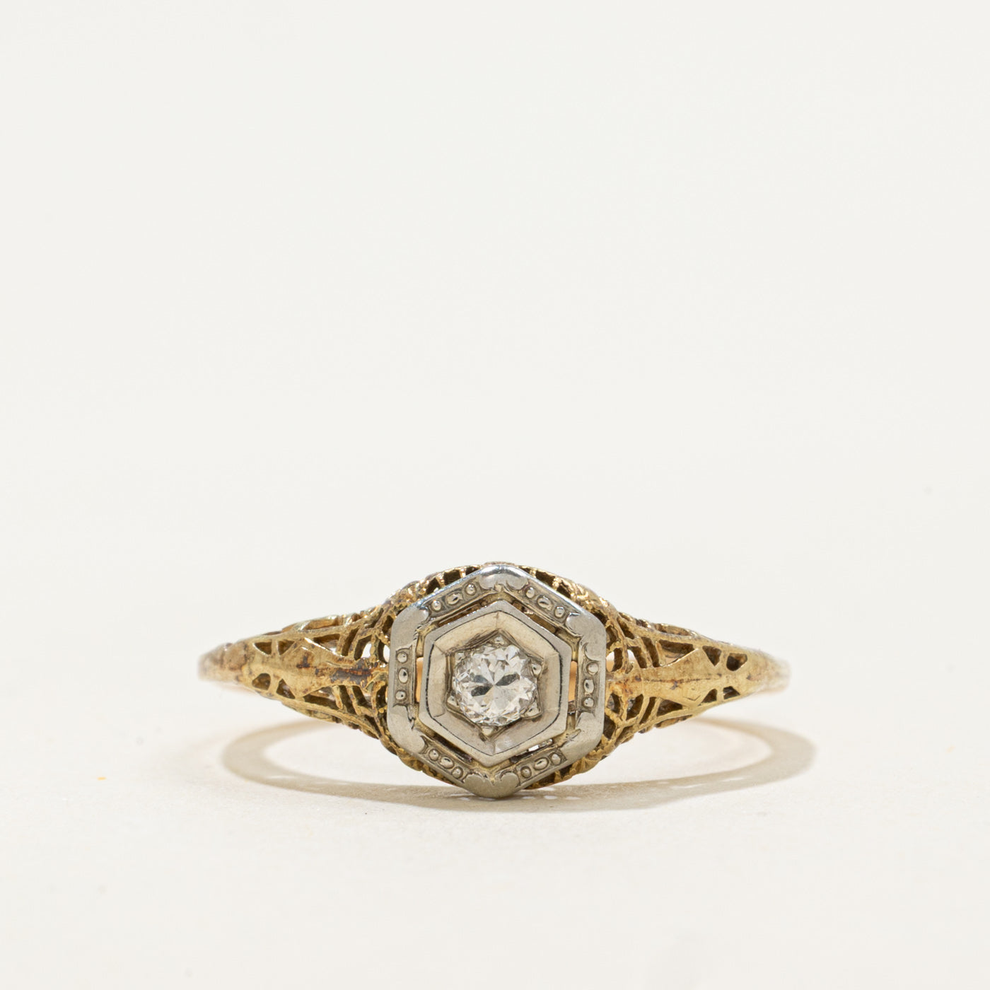 Art Deco 10k Two Tone Transitional Cut Diamond Hexagonal Ring | 0.065ct | SZ 5.5
