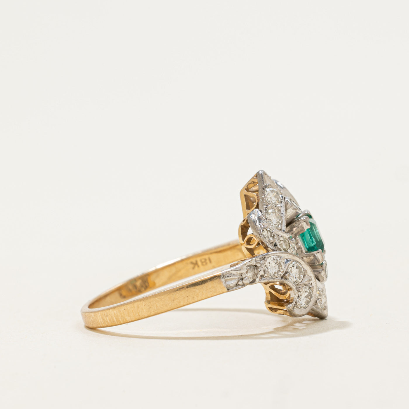 Vintage 18k Emerald & Diamond Swirl Crossover Ring | 0.31ct, 0.42ctw | SZ 7.75