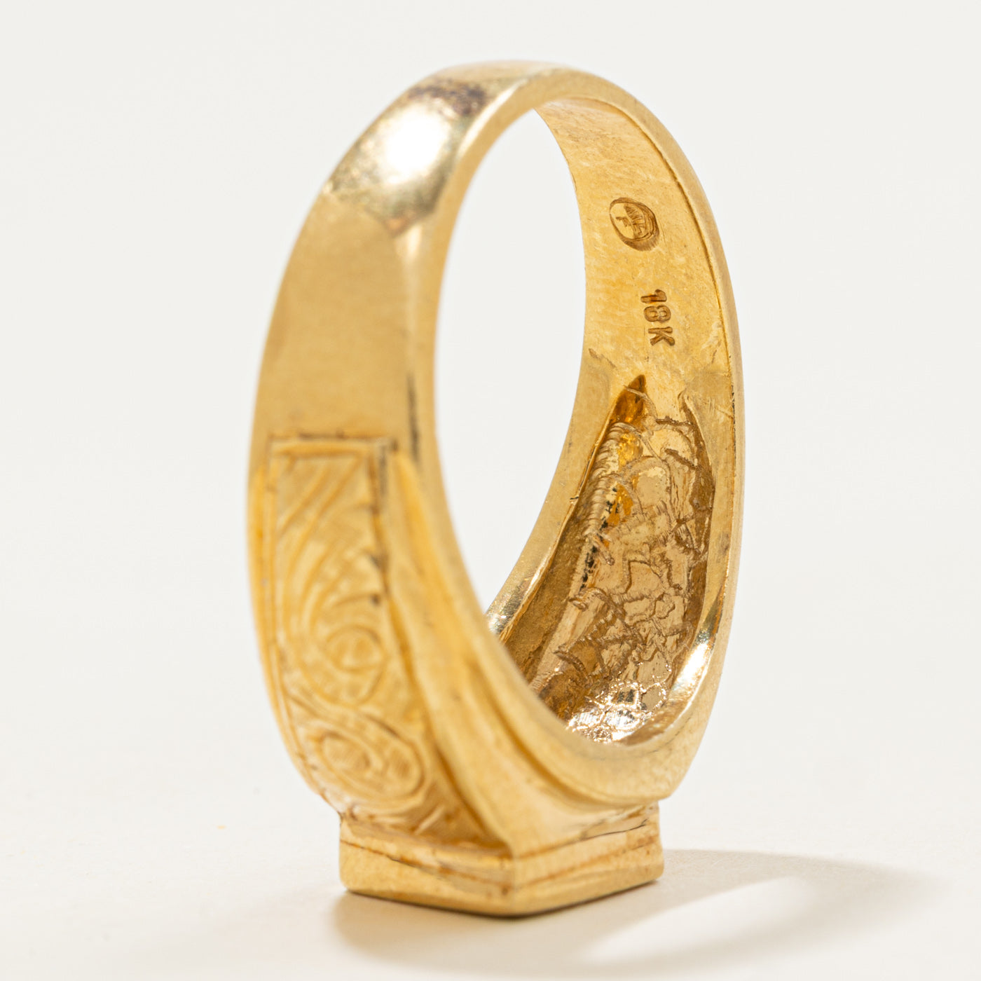 18k Geometric Onyx & Diamond Engraved Ring | 0.5ct, 0.2ct | SZ 10.25