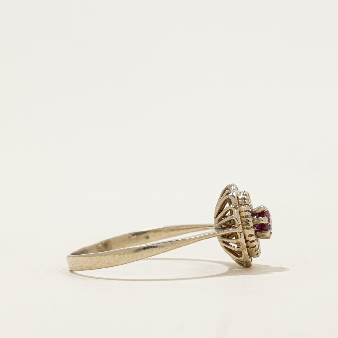 18k Ruby & Single Cut Diamond Flower Halo Ring | 0.19ct, 0.05ctw | SZ 9.5