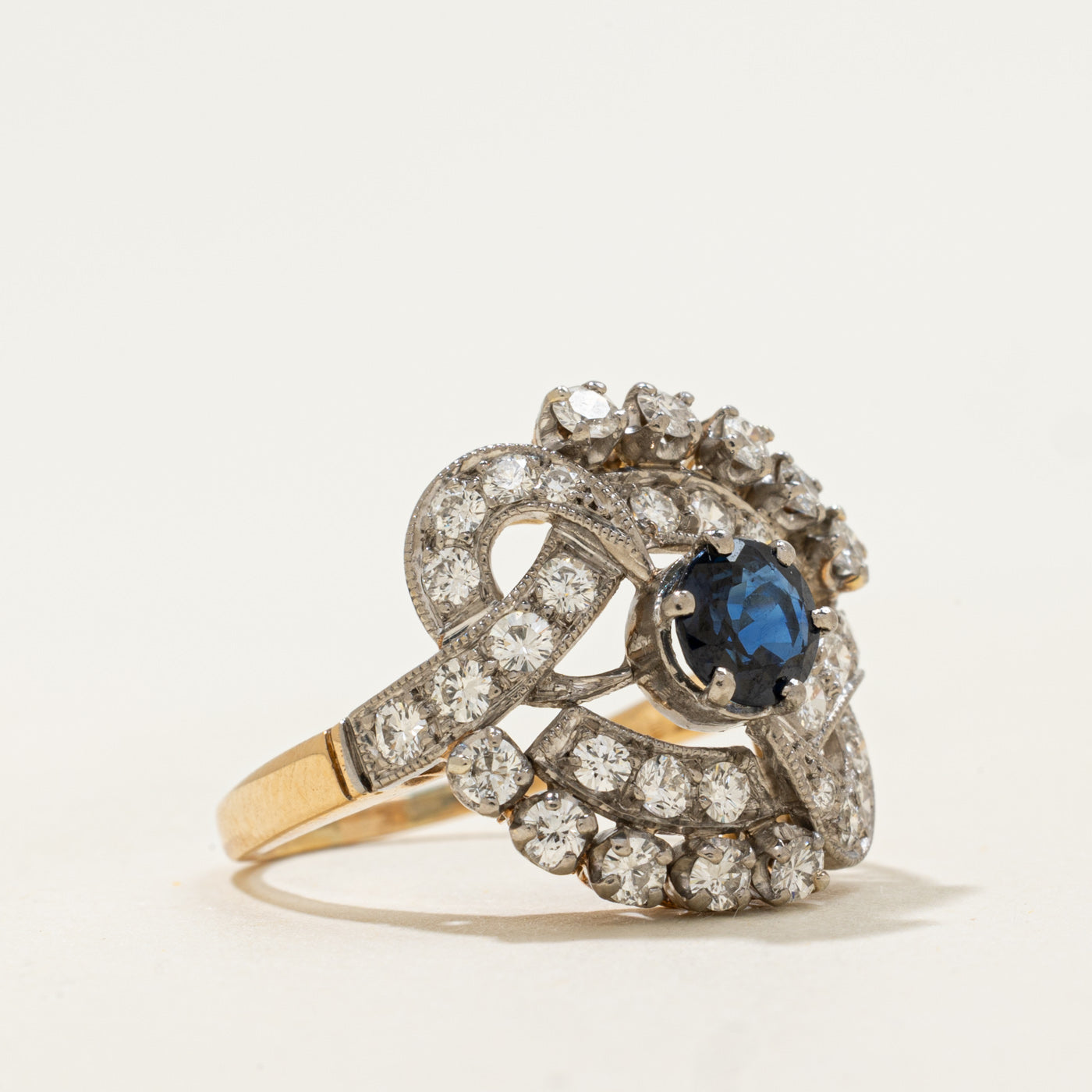 18k Sapphire & Round Brilliant Diamond Swirl Ring | 0.56ct, 0.88ctw | SZ 6.25