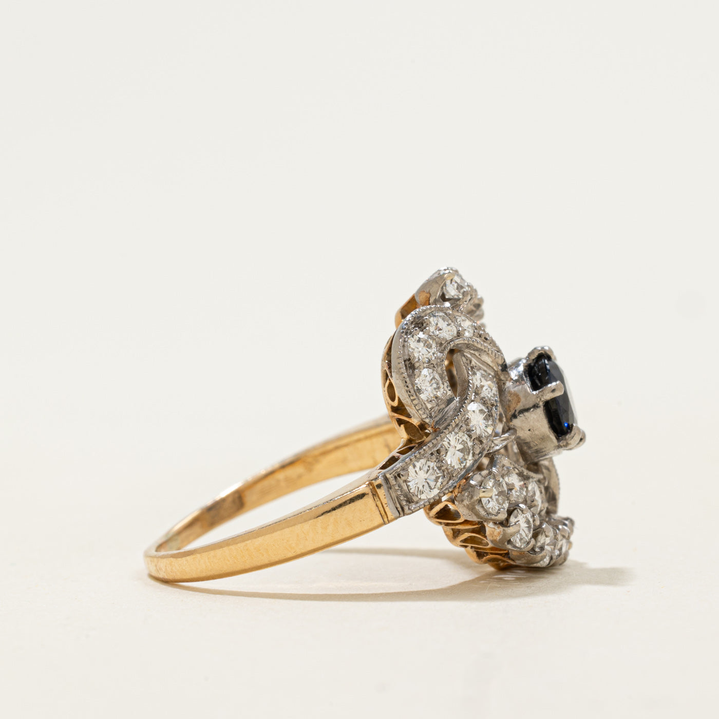 18k Sapphire & Round Brilliant Diamond Swirl Ring | 0.56ct, 0.88ctw | SZ 6.25