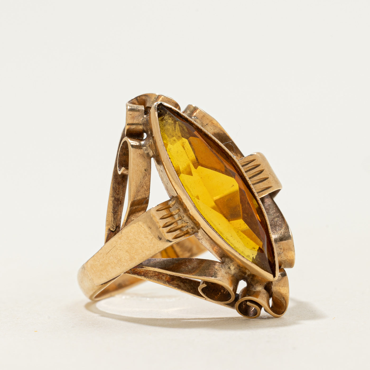 Late Art Deco 14k Citrine Scrollwork Navette Ring | 2.38ct | SZ 8