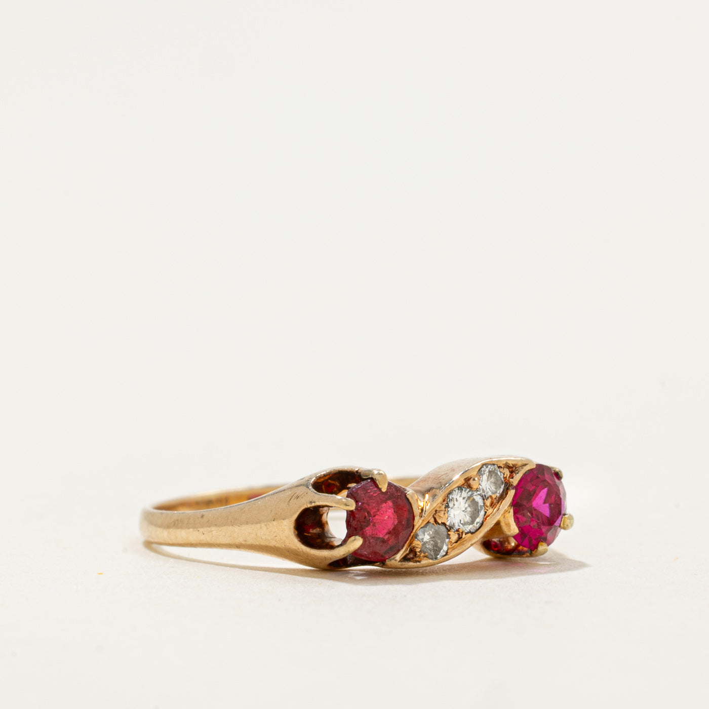 10k Synthetic Ruby & Diamond Accented Scrollwork Ring | 0.48ctw, 0.06ctw | SZ 6.5