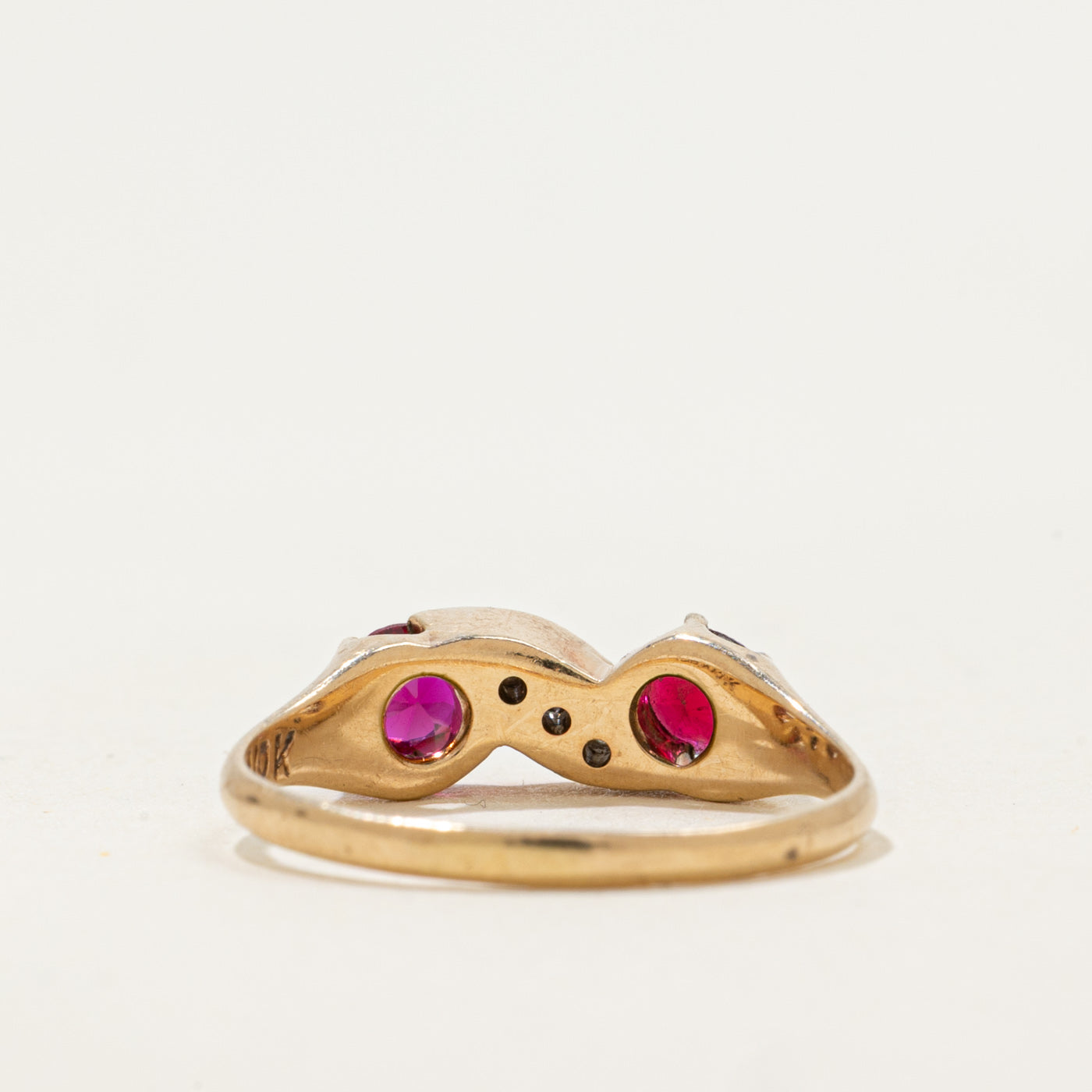 10k Synthetic Ruby & Diamond Accented Scrollwork Ring | 0.48ctw, 0.06ctw | SZ 6.5