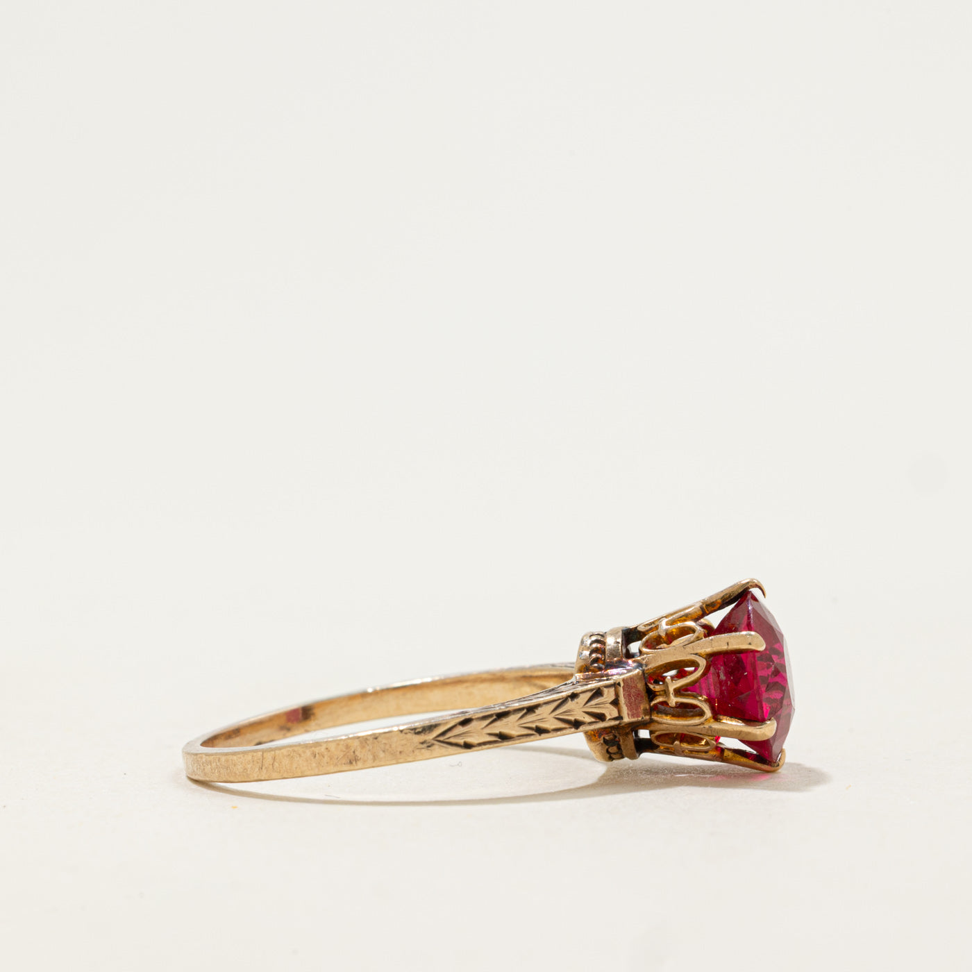 10k Solitaire Synthetic Ruby Engraved Ring | 1.9ct | SZ 7.25