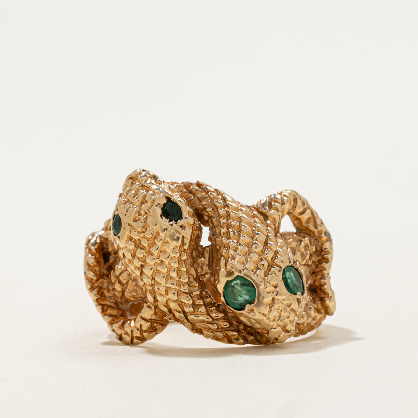 10k Double Snake Ring with Emerald Eyes | 0.17ctw | SZ 6.75