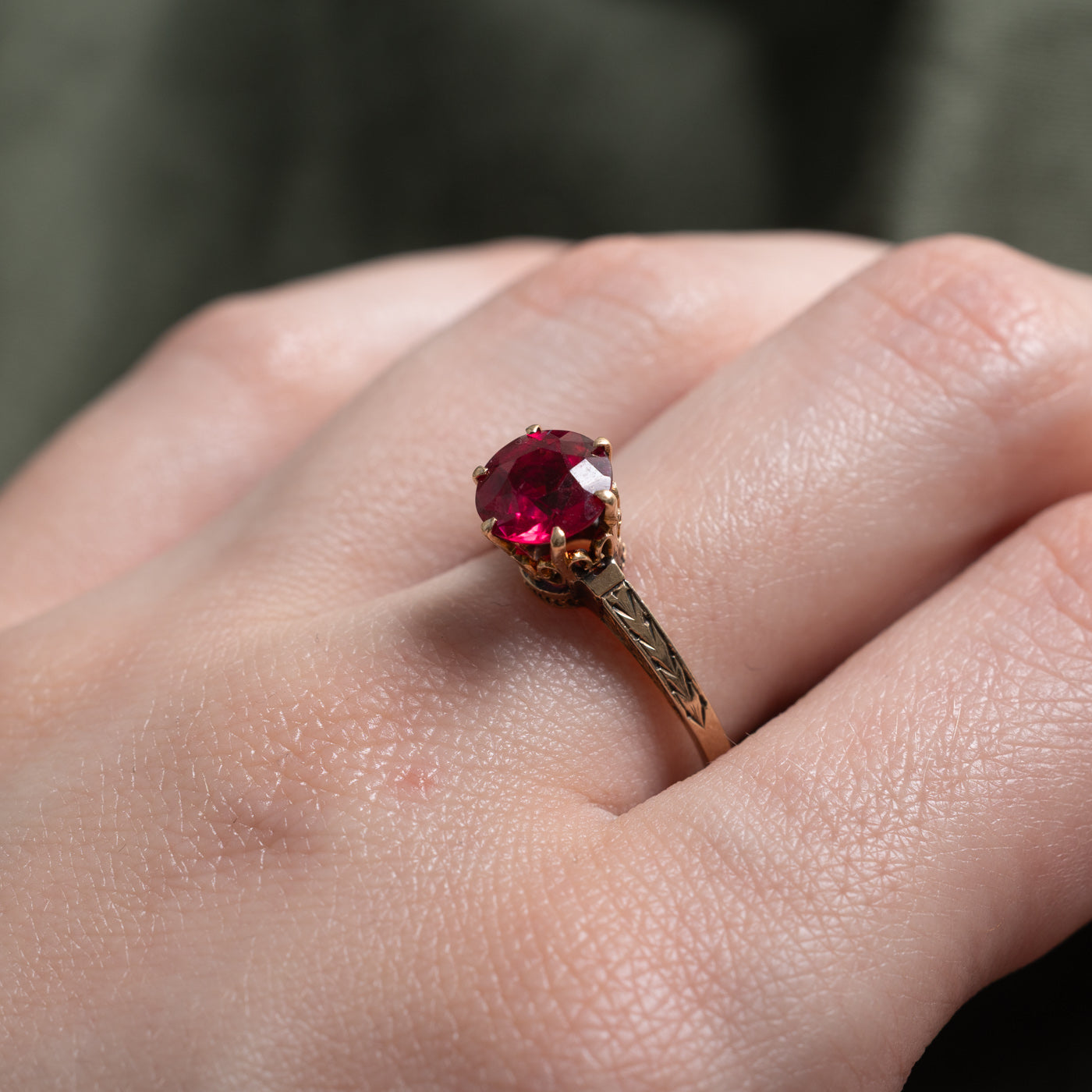 10k Solitaire Synthetic Ruby Engraved Ring | 1.9ct | SZ 7.25