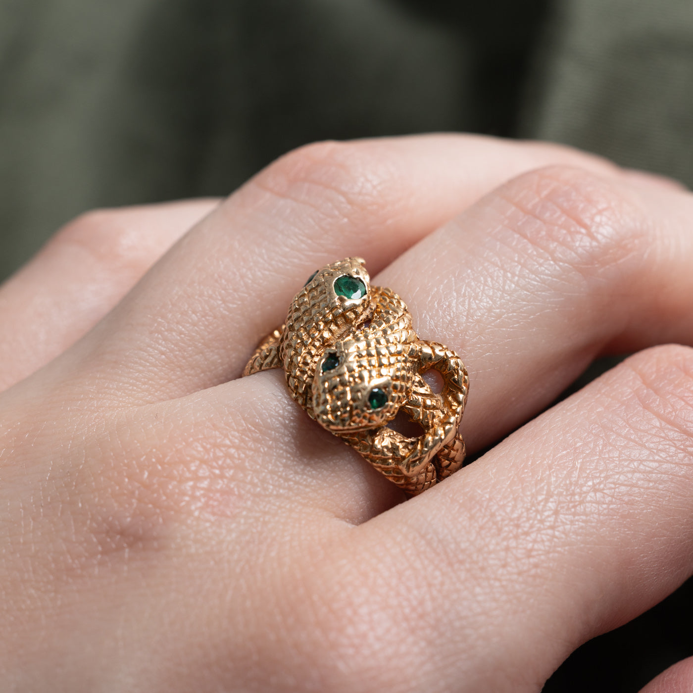 10k Double Snake Ring with Emerald Eyes | 0.17ctw | SZ 6.75