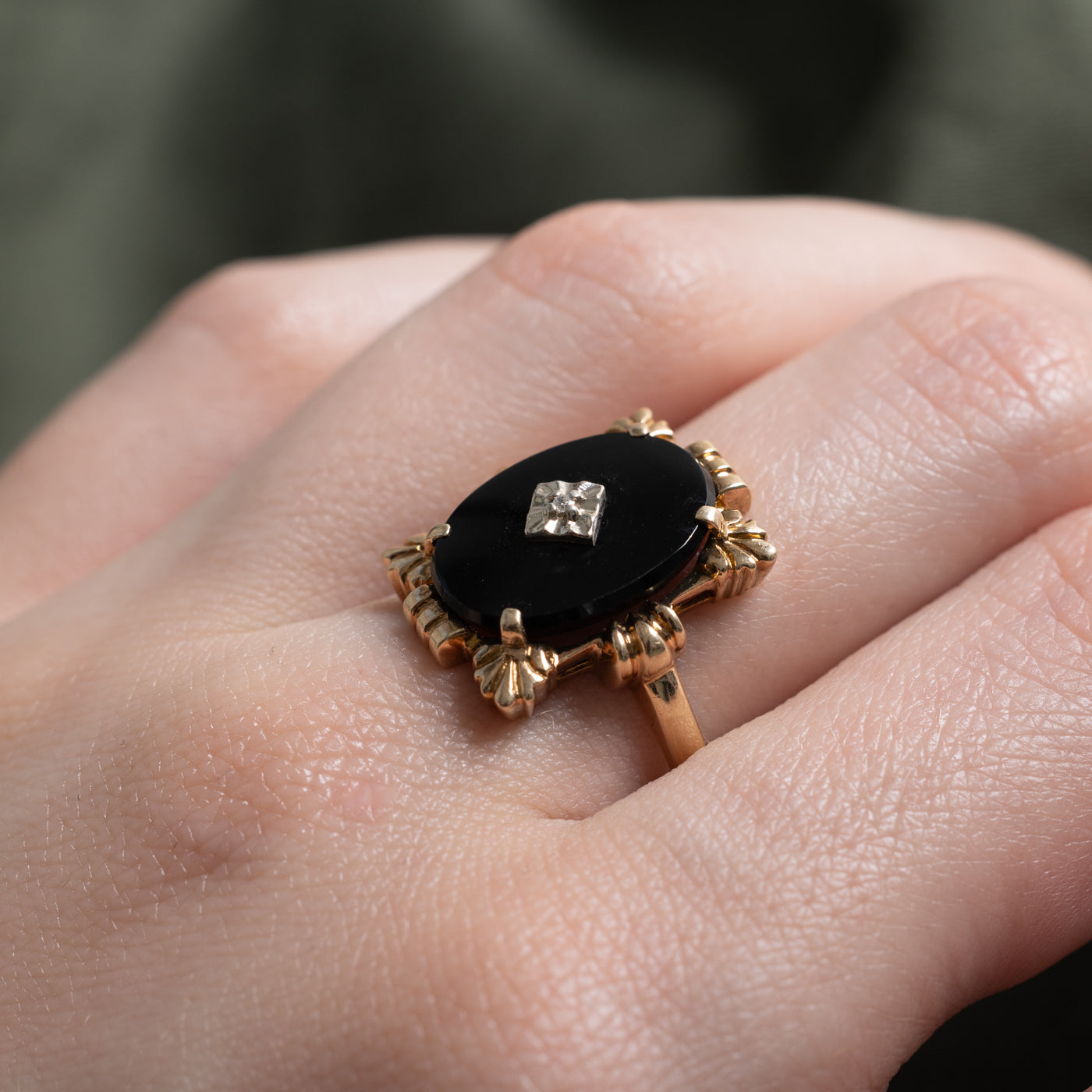 10k Onyx & Diamond Accented Art Deco Style Ring | 3.3ct, 0.005ct | SZ 7.75