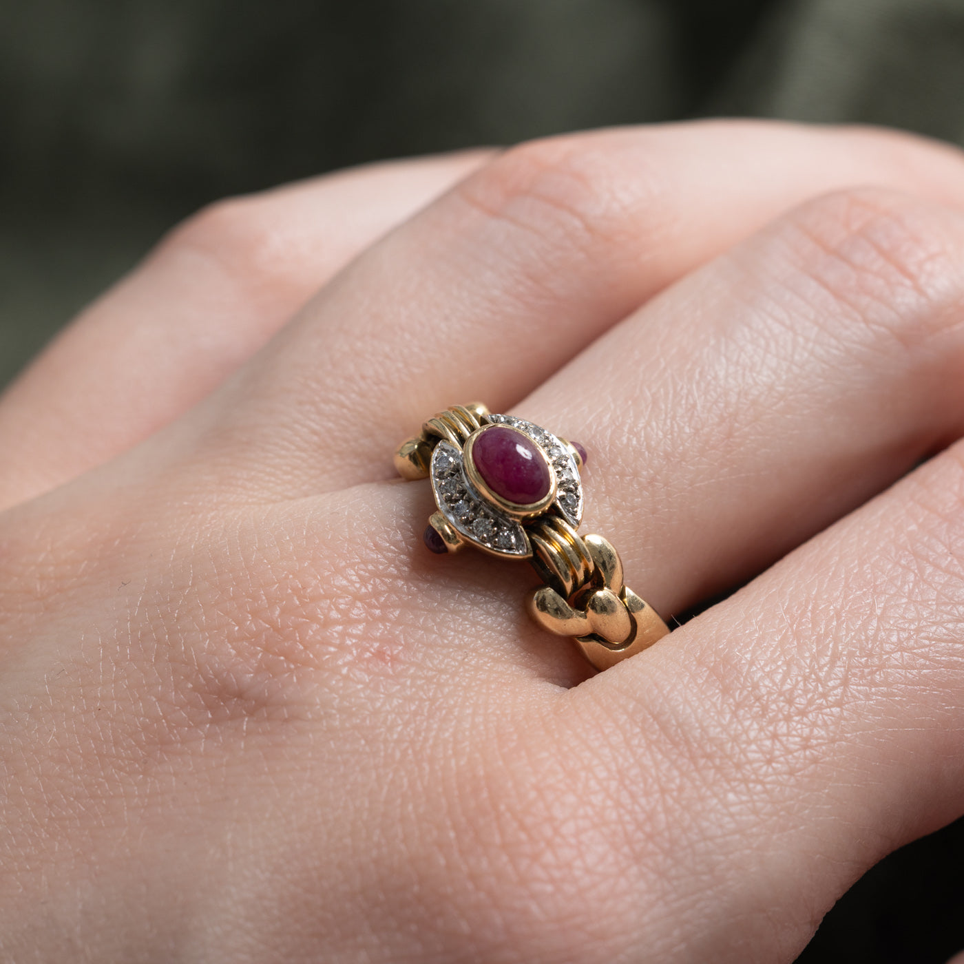 14k Ruby Cabochon & Diamond Half Chain Ring | 0.86ct, 0.05ctw | SZ 8.75