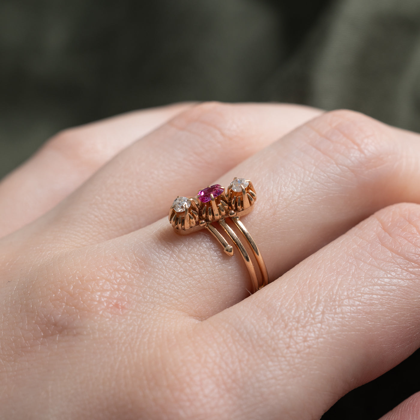 14k Three Stone Ruby & Old Mine Cut Diamond Wrap Ring | 0.07ct, 0.16ctw |