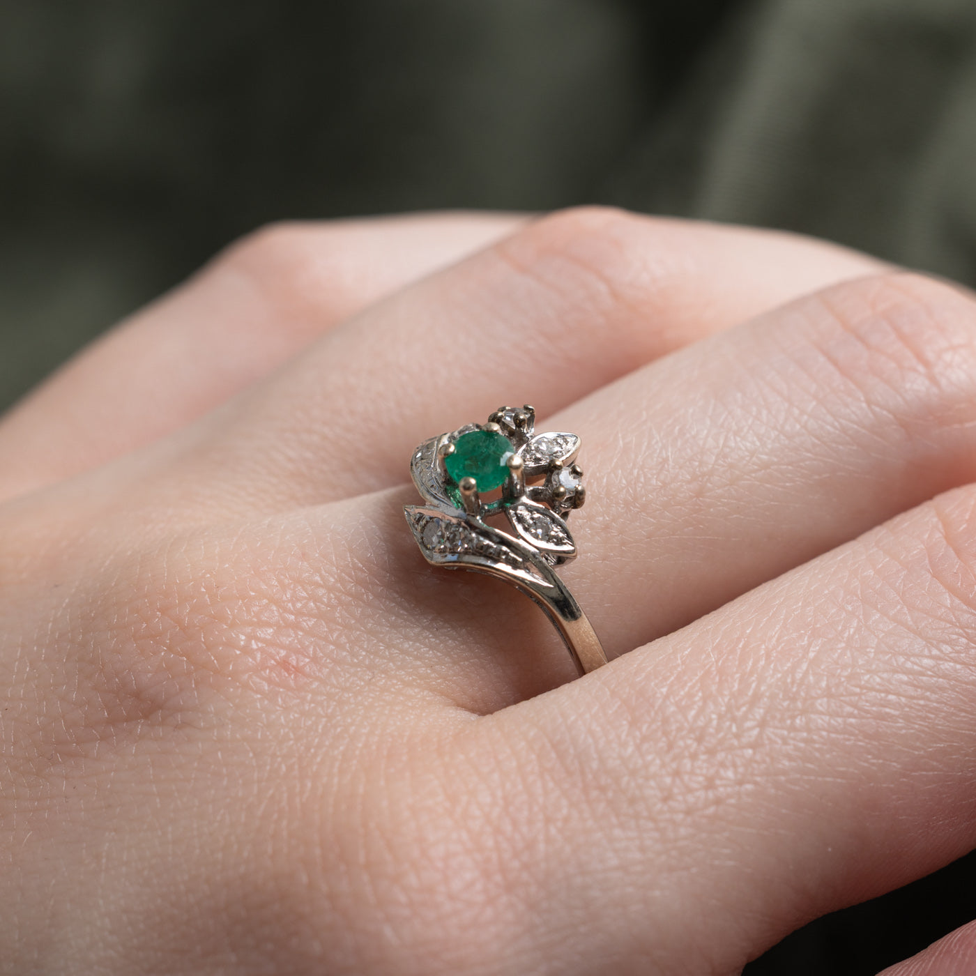 'Birks' Emerald & Diamond Floral Accented Ring | 0.25ct, 0.08ctw | SZ 7.75