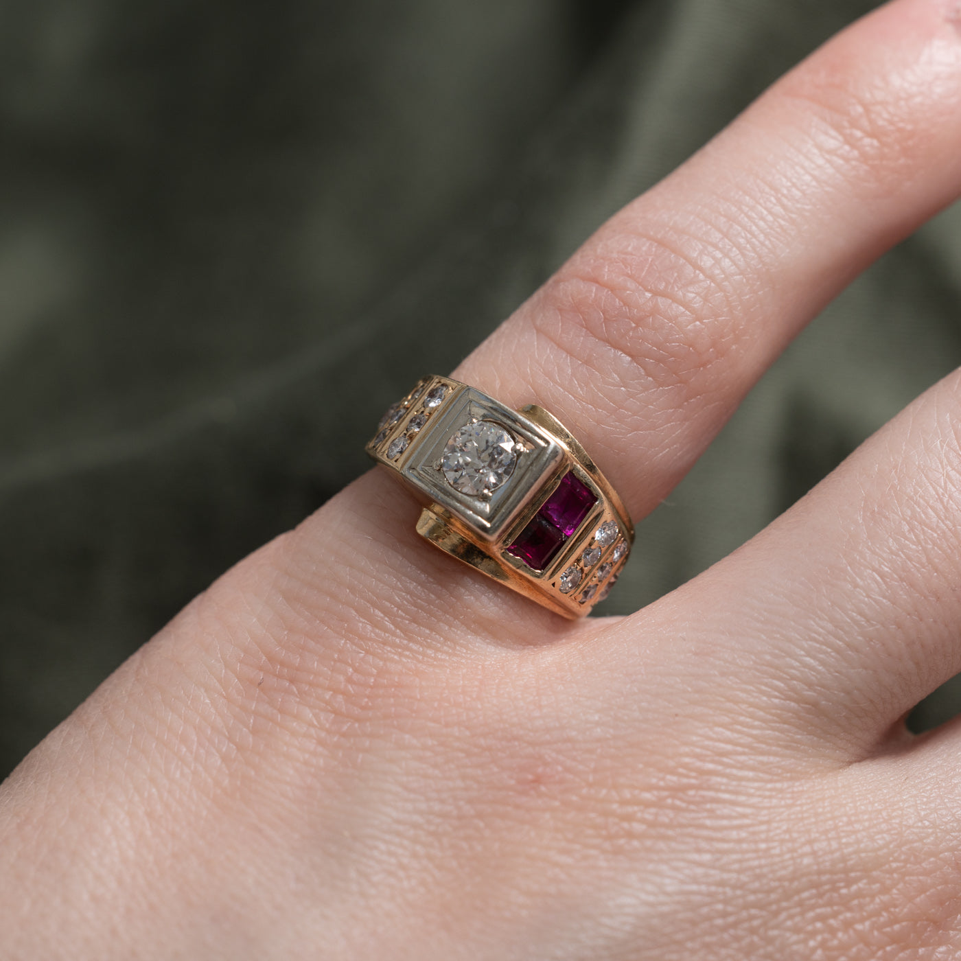 14k Old European Diamond & Ruby Crossover Ring | 0.39ct, 0.29ctw, 0.3ctw | SZ 3.5