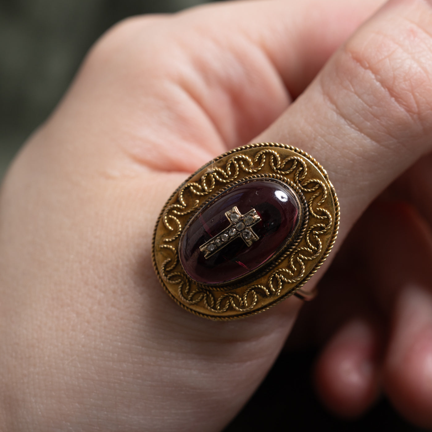 Victorian 14k Rose Cut Diamond Cross Garnet Cabochon Ring | 11ct, 0.05ctw | SZ 14