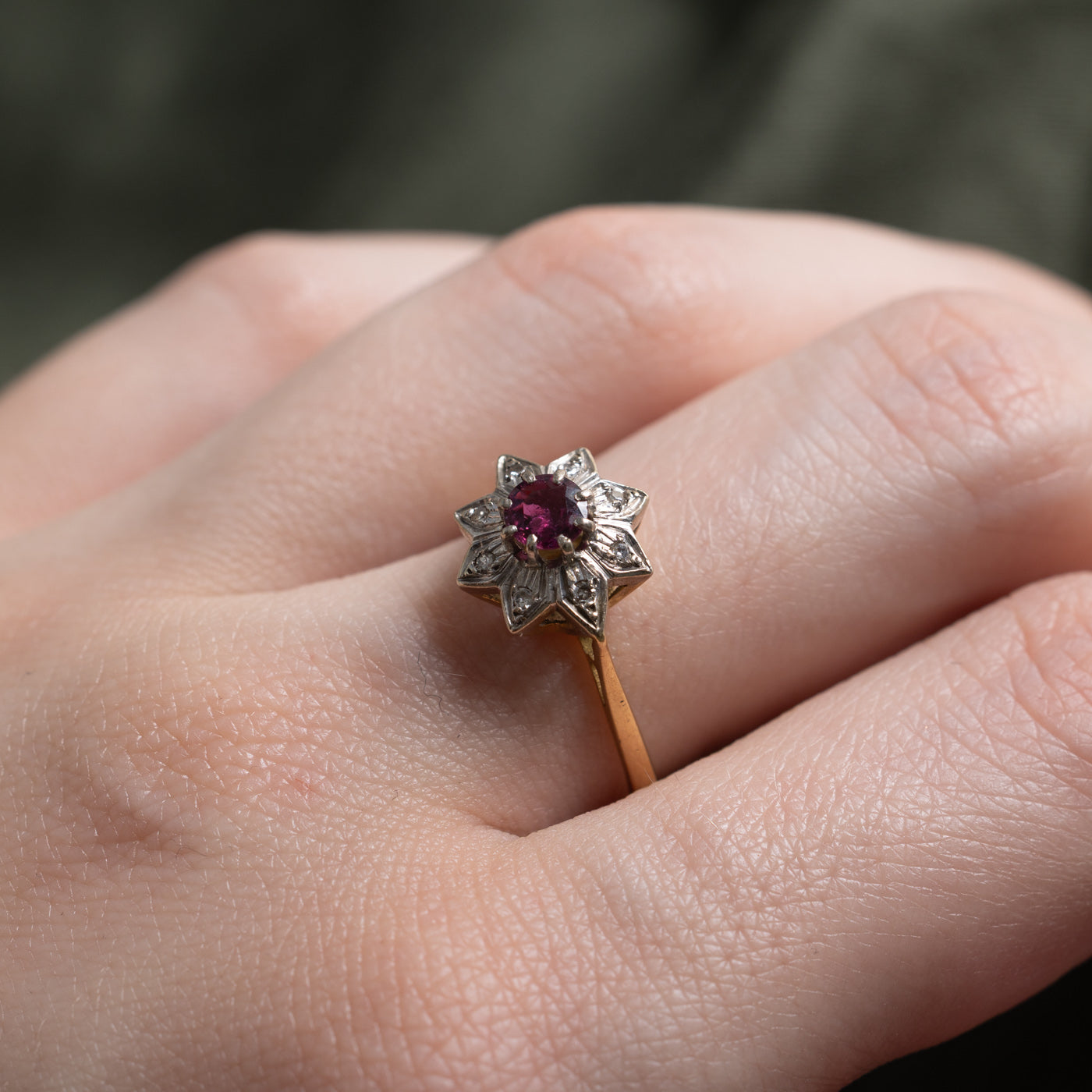 Art Deco 18k Ruby & Single Cut Diamond Star Ring | 0.41ct, 0.04ctw | SZ 6.5