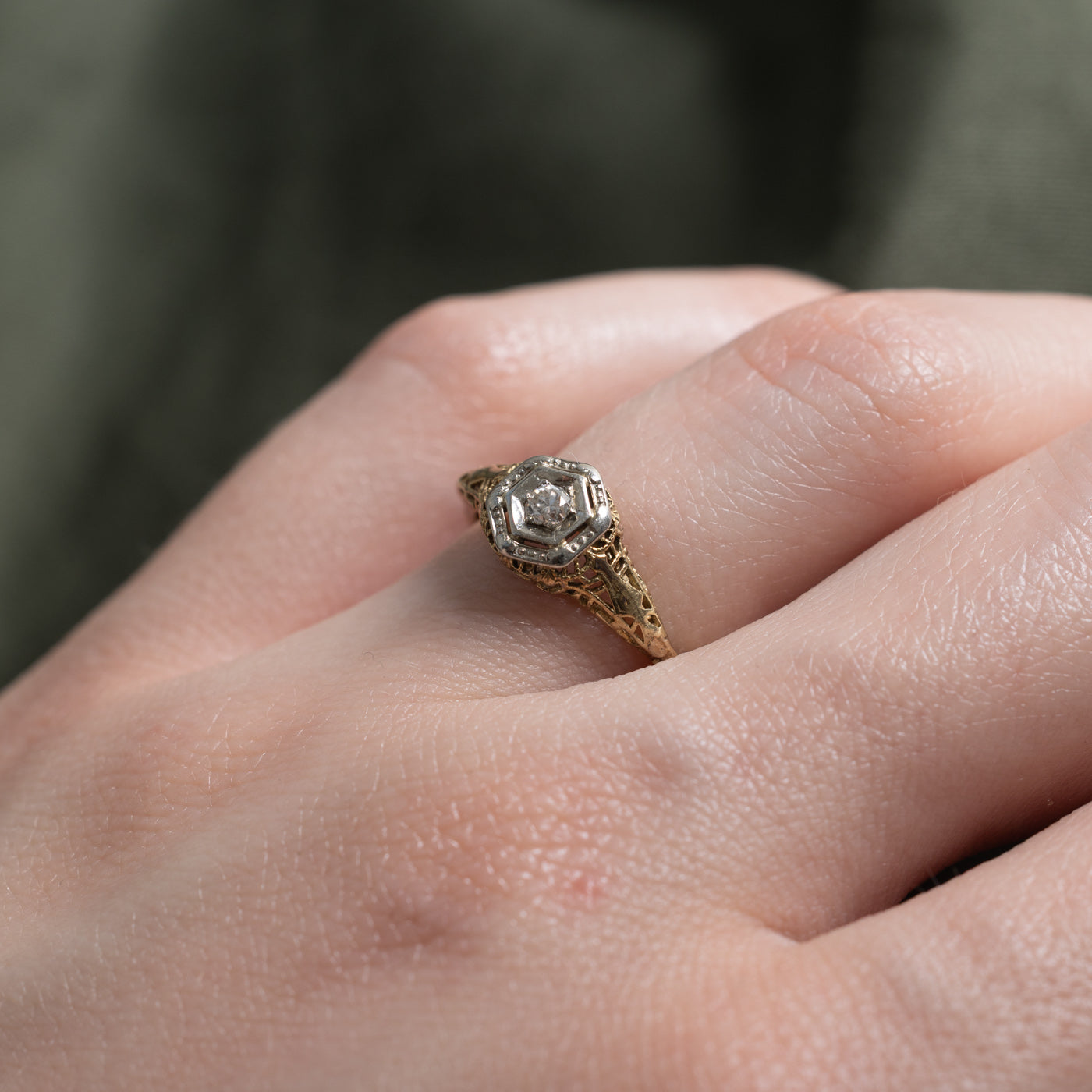 Art Deco 10k Two Tone Transitional Cut Diamond Hexagonal Ring | 0.065ct | SZ 5.5