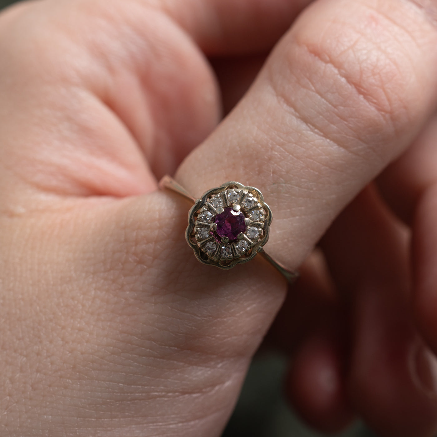 18k Ruby & Single Cut Diamond Flower Halo Ring | 0.19ct, 0.05ctw | SZ 9.5