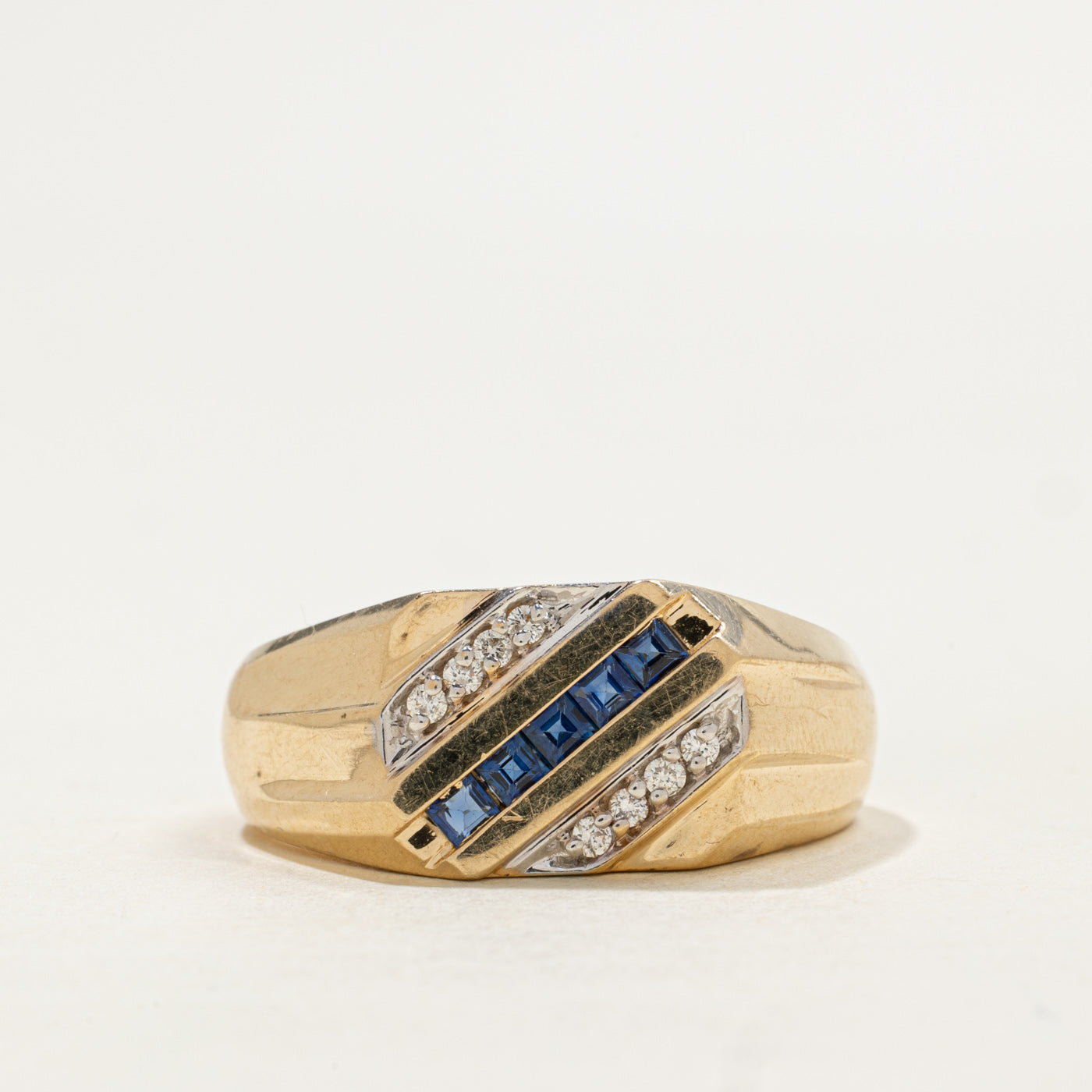 'Birks' Diagonal Set Sapphire & Diamond Signet Ring | 0.35ctw, 0.08ctw | SZ 13.5