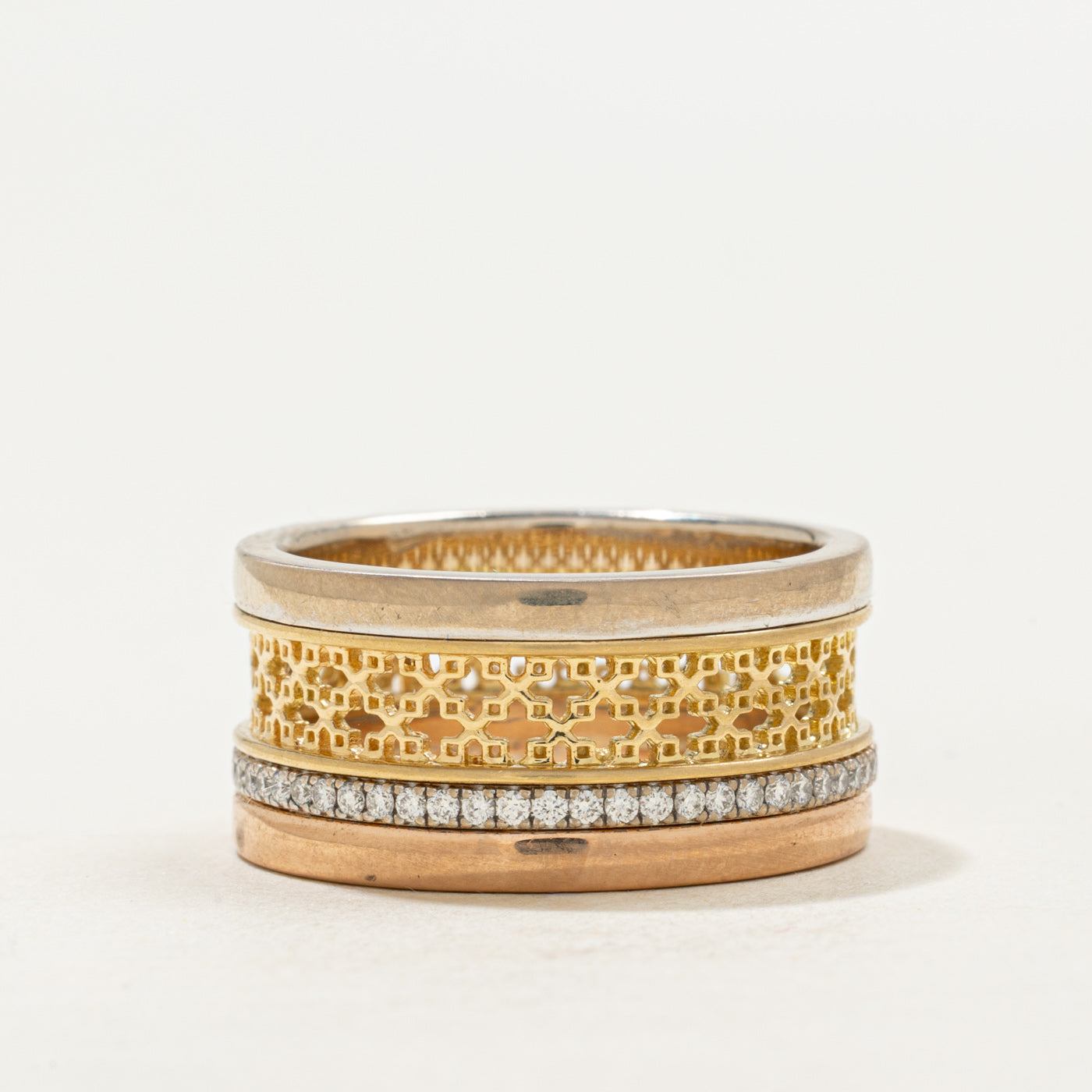 18k Tri Tone Gold Eternity Diamond Openwork Cigar Band | 0.29ctw | 10.12mm | SZ 7.25
