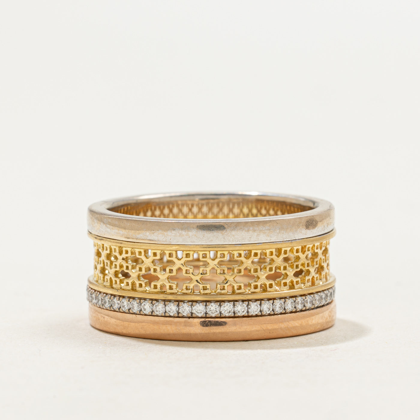 18k Tri Tone Gold Eternity Diamond Openwork Cigar Band | 0.29ctw | 10.12mm | SZ 7.25