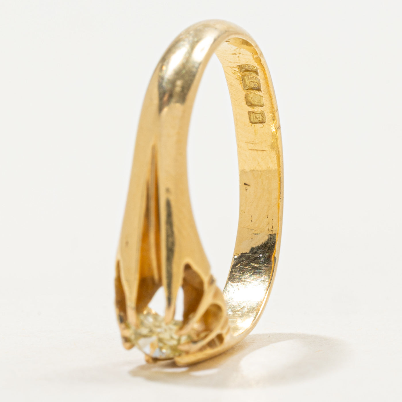 Bague sertie Belcher en or 18 carats, sertie d'un diamant taille ancienne européenne, 0,21 ct, pureté SI1, taille 8, Londres, 1918