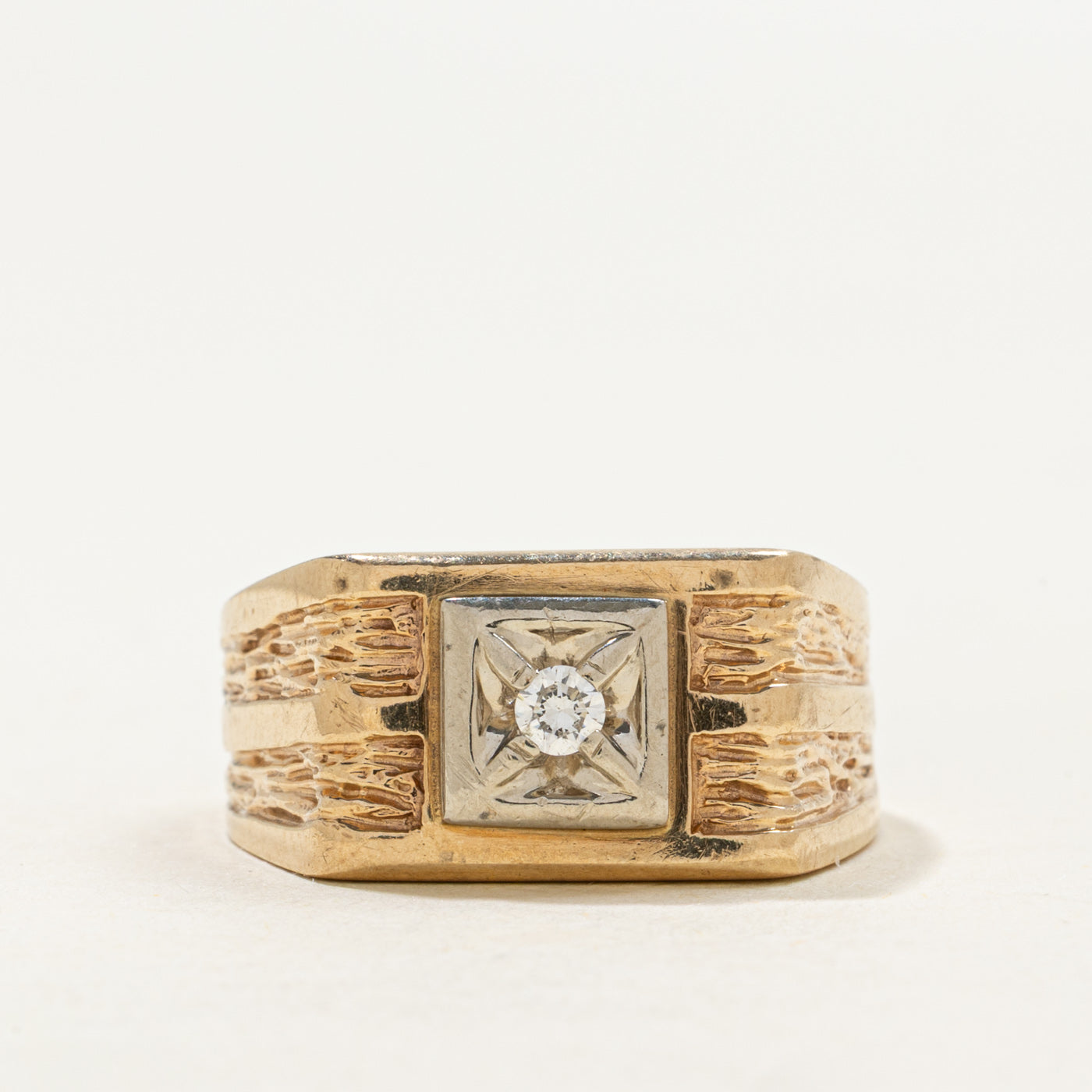Vintage Canadian 10k Illusion Set Diamond Textured Signet Ring | 0.05 ct | SZ 8.5