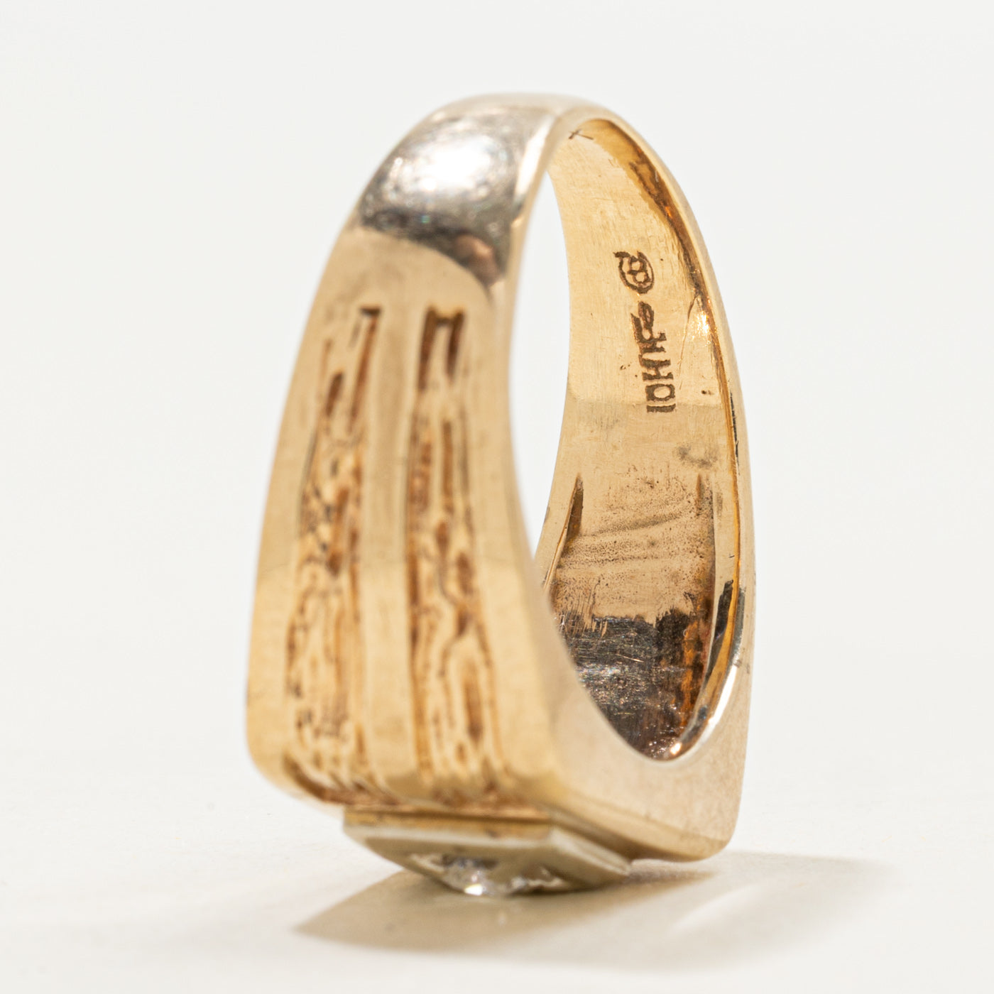 Vintage Canadian 10k Illusion Set Diamond Textured Signet Ring | 0.05 ct | SZ 8.5