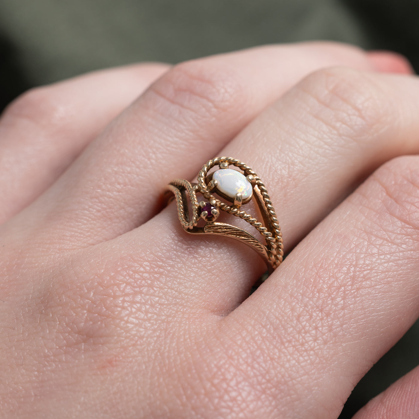 Vintage Canadian 10k Opal & Ruby Openwork Abstract Ring | 0.235ctw | SZ 7