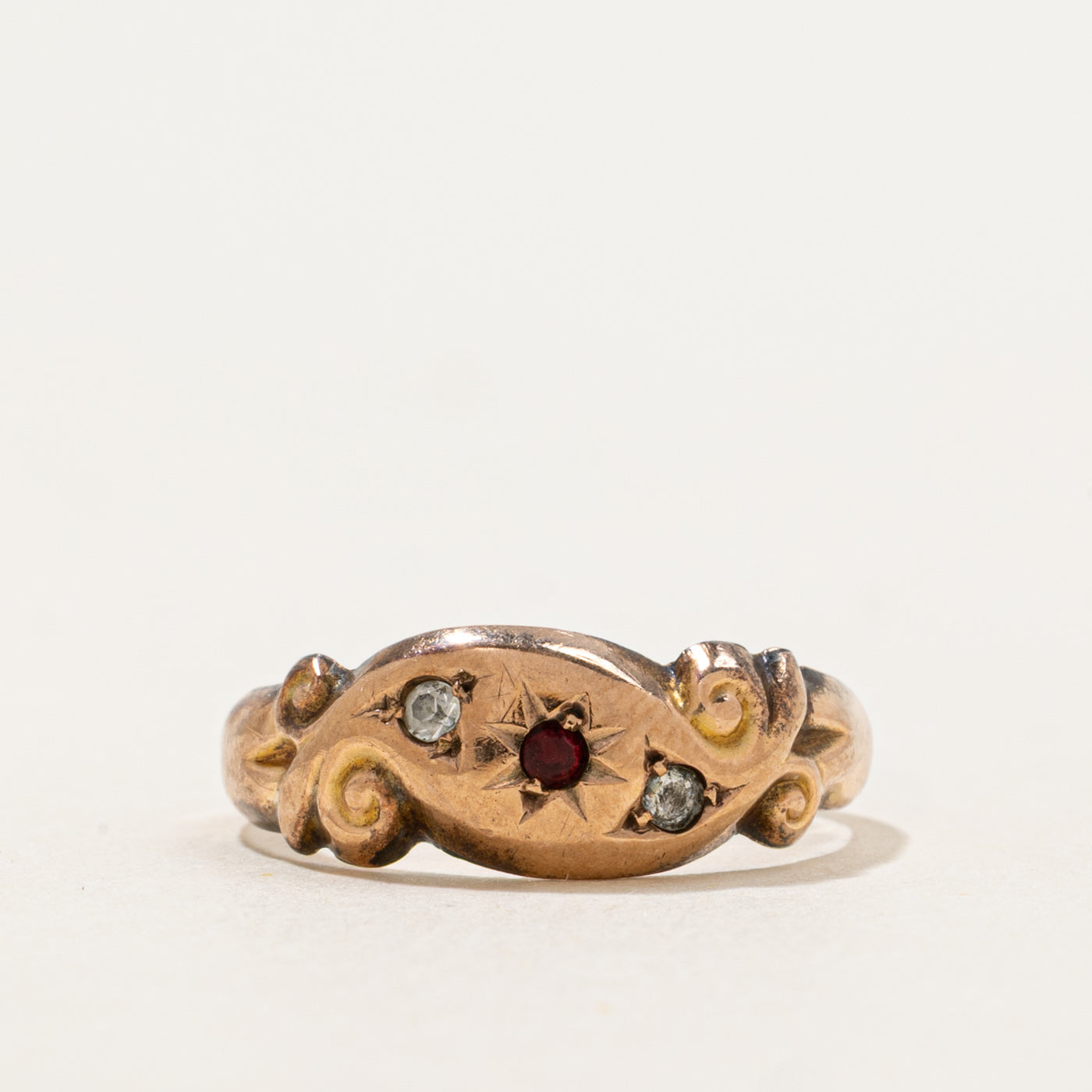 1918 Birmingham Star Set Garnet & Glass Scrollwork Ring | 0.02ctw, 0.01ct |SZ 5.75