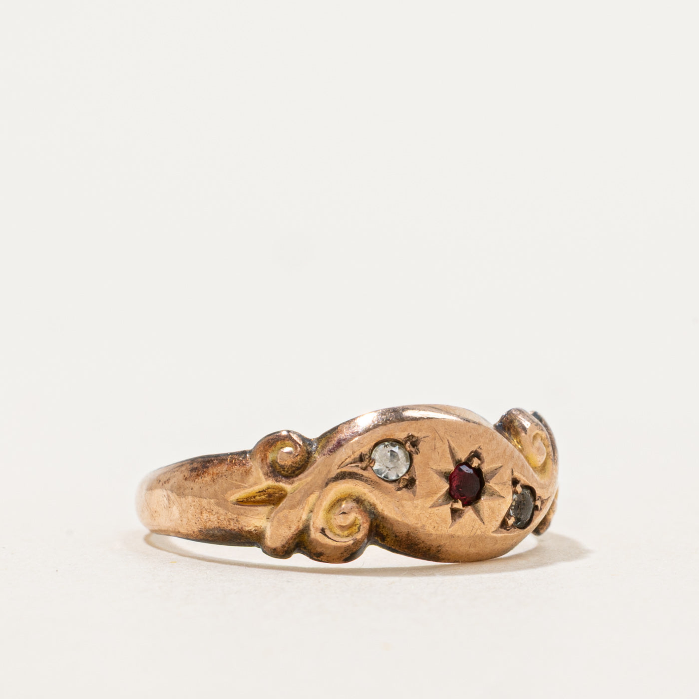 1918 Birmingham Star Set Garnet & Glass Scrollwork Ring | 0.02ctw, 0.01ct |SZ 5.75