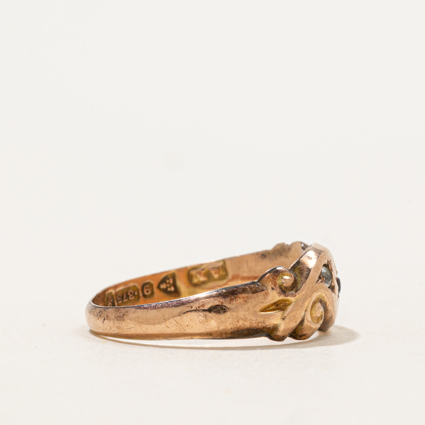 1918 Birmingham Star Set Garnet & Glass Scrollwork Ring | 0.02ctw, 0.01ct |SZ 5.75