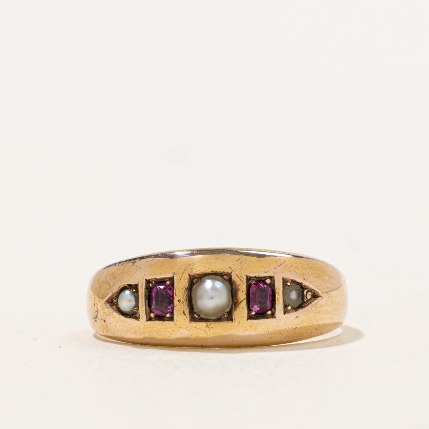1889 Edinburgh Flush Set Ruby & Seed Pearl Boat Ring | 0.08 ctw | SZ 5.5