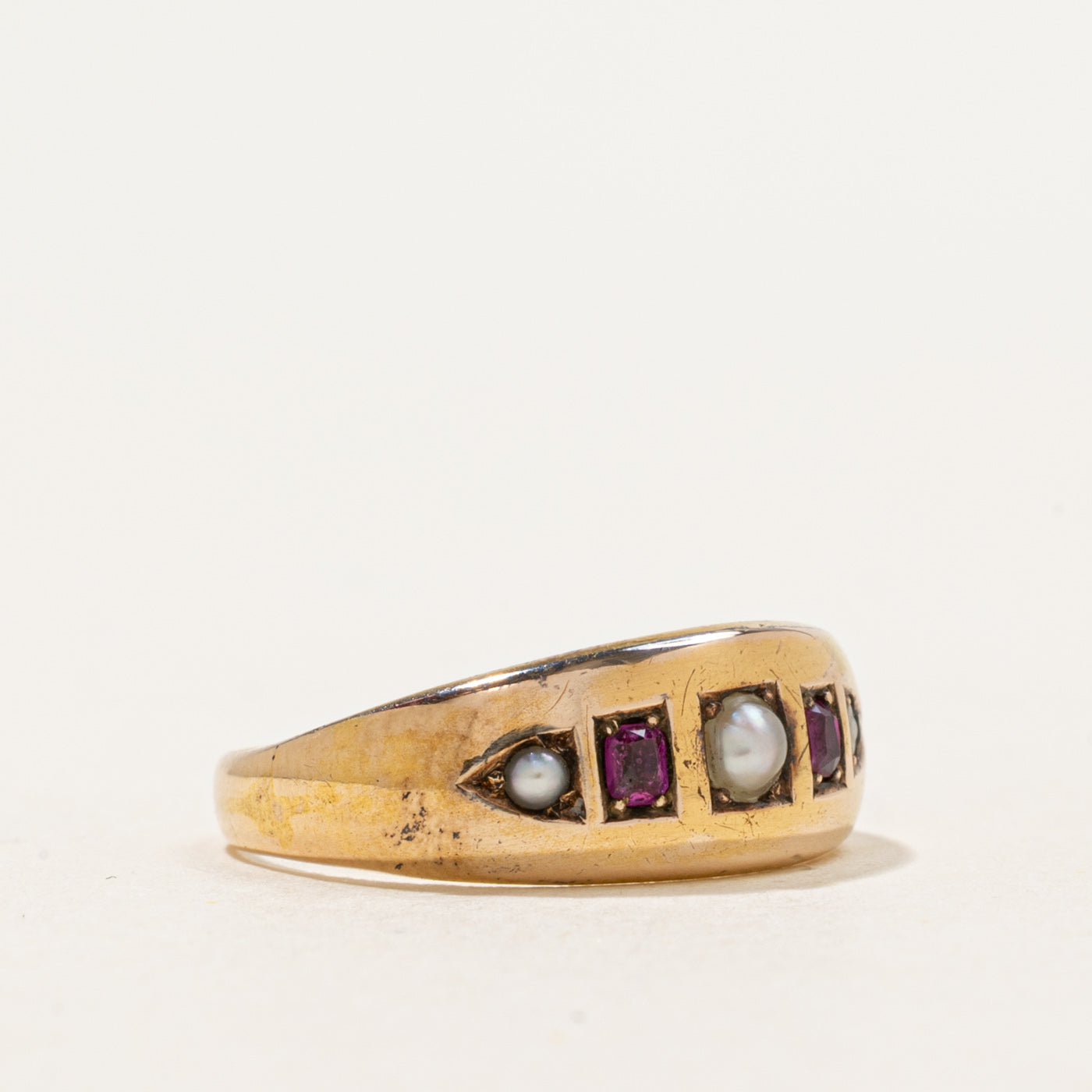 1889 Edinburgh Flush Set Ruby & Seed Pearl Boat Ring | 0.08 ctw | SZ 5.5