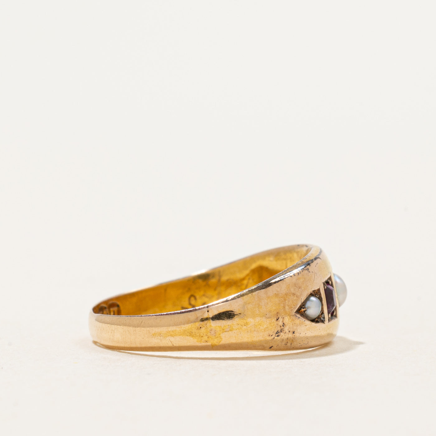 1889 Edinburgh Flush Set Ruby & Seed Pearl Boat Ring | 0.08 ctw | SZ 5.5