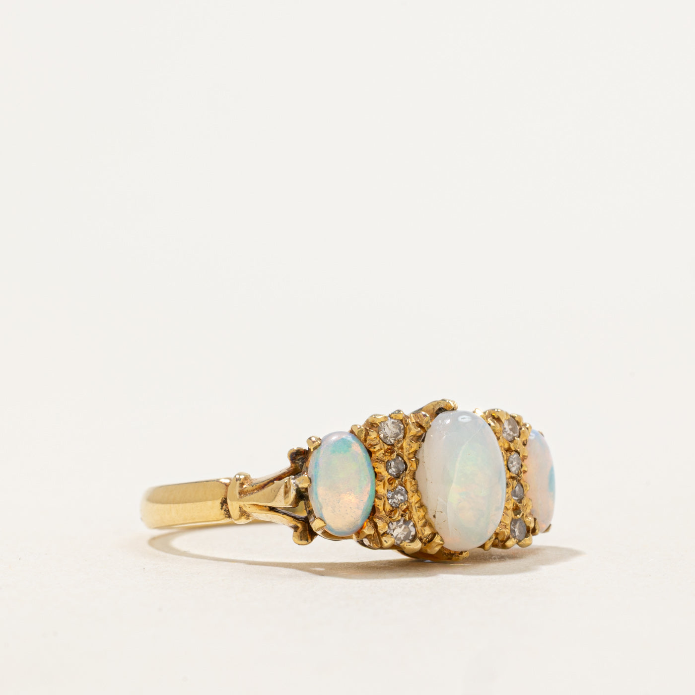 1972 London Three-Stone Opal & Diamond Ring | 1.30ctw, 0.03ctw | SZ 7.25