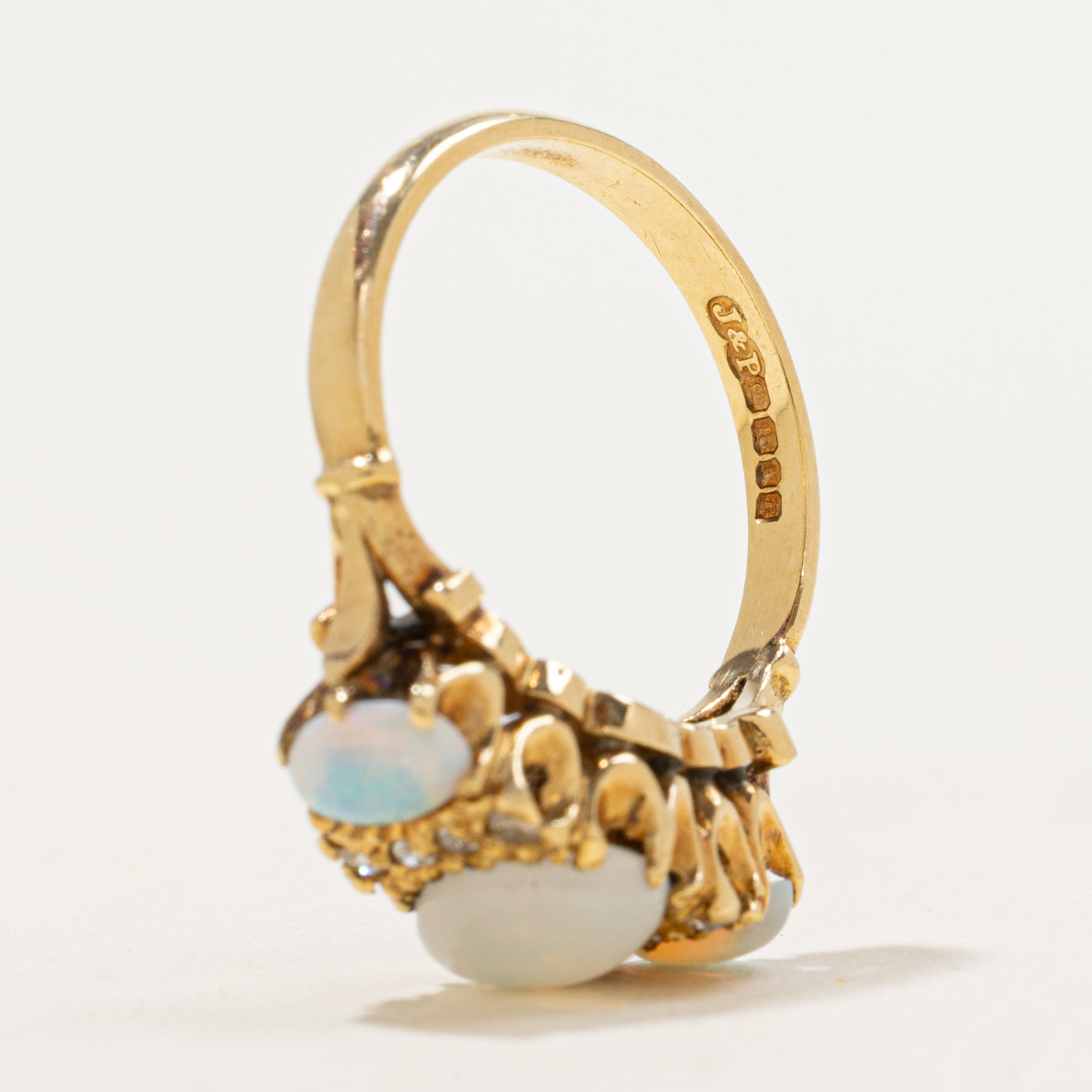 1972 London Three-Stone Opal & Diamond Ring | 1.30ctw, 0.03ctw | SZ 7.25